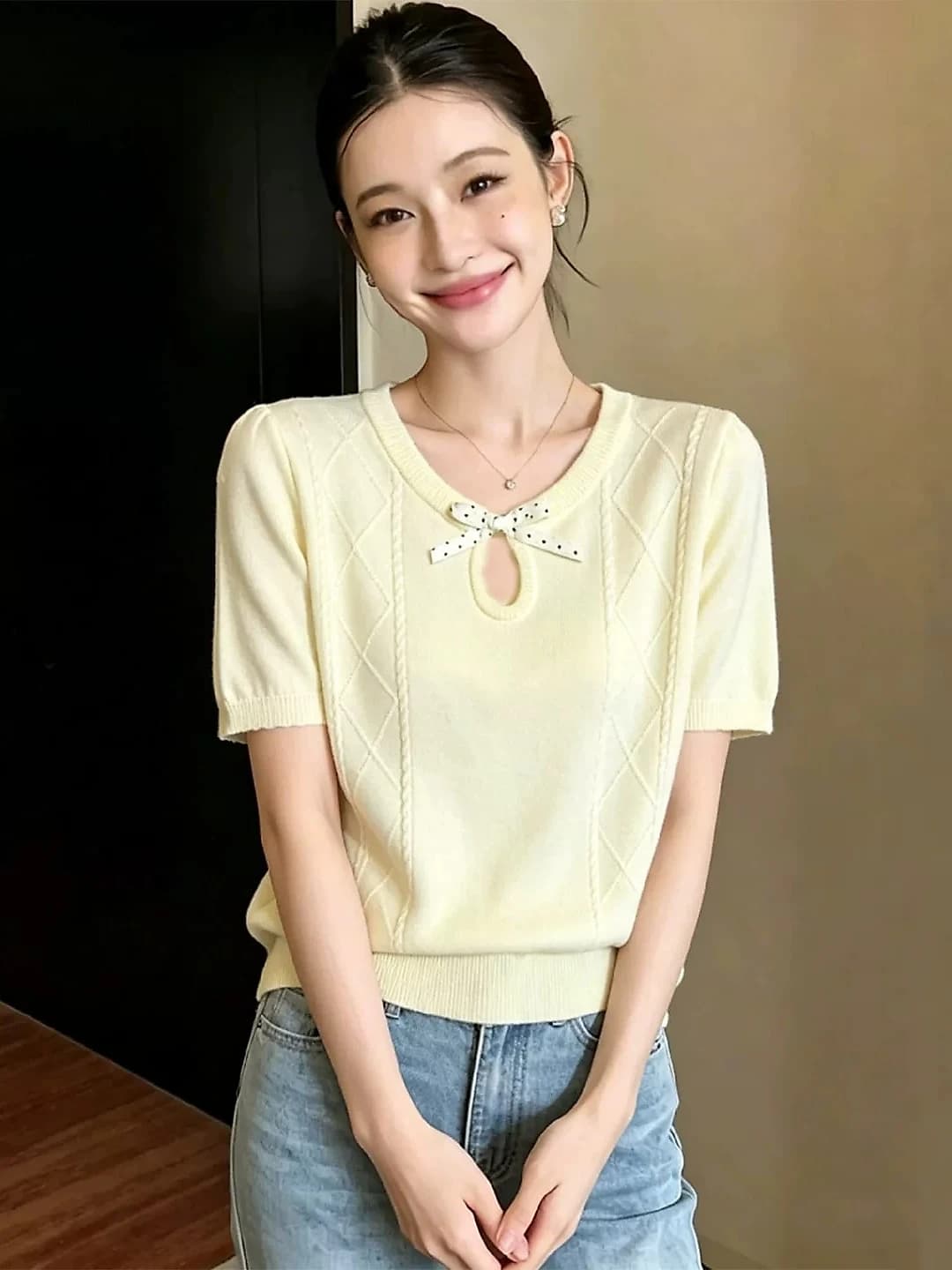 Women's summer knitted top, crew neck, short sleeve, slim fit, slimming, solid colour, non-iron
