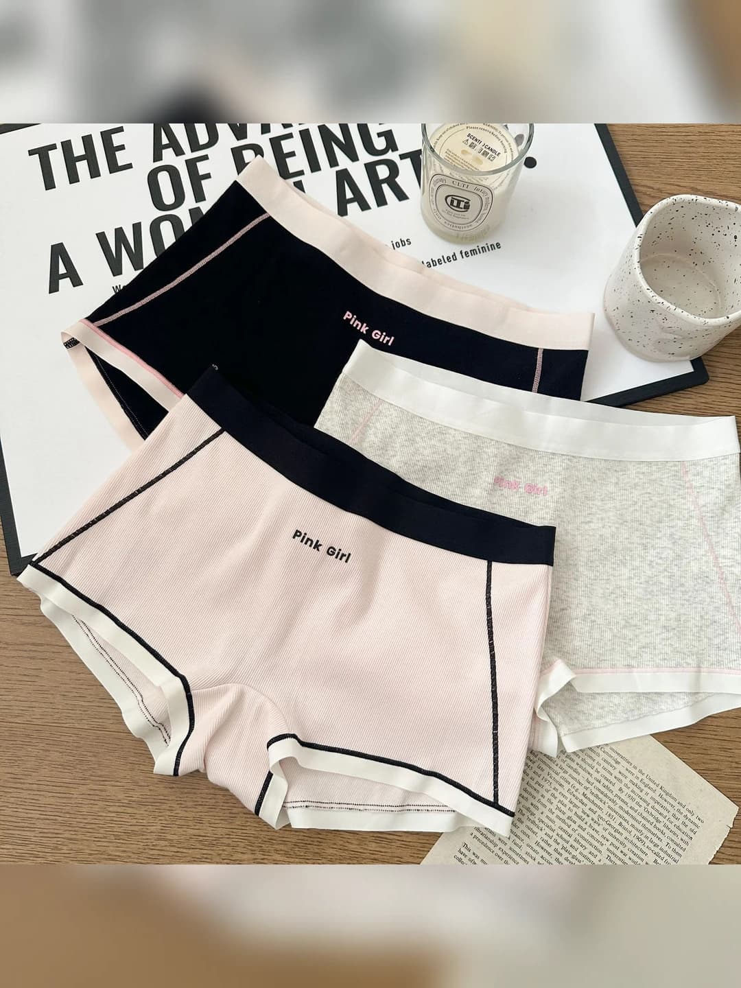 Women's cotton briefs, mid-waist, color-block and letter pattern, breathable, antibacterial, seamless, all-season