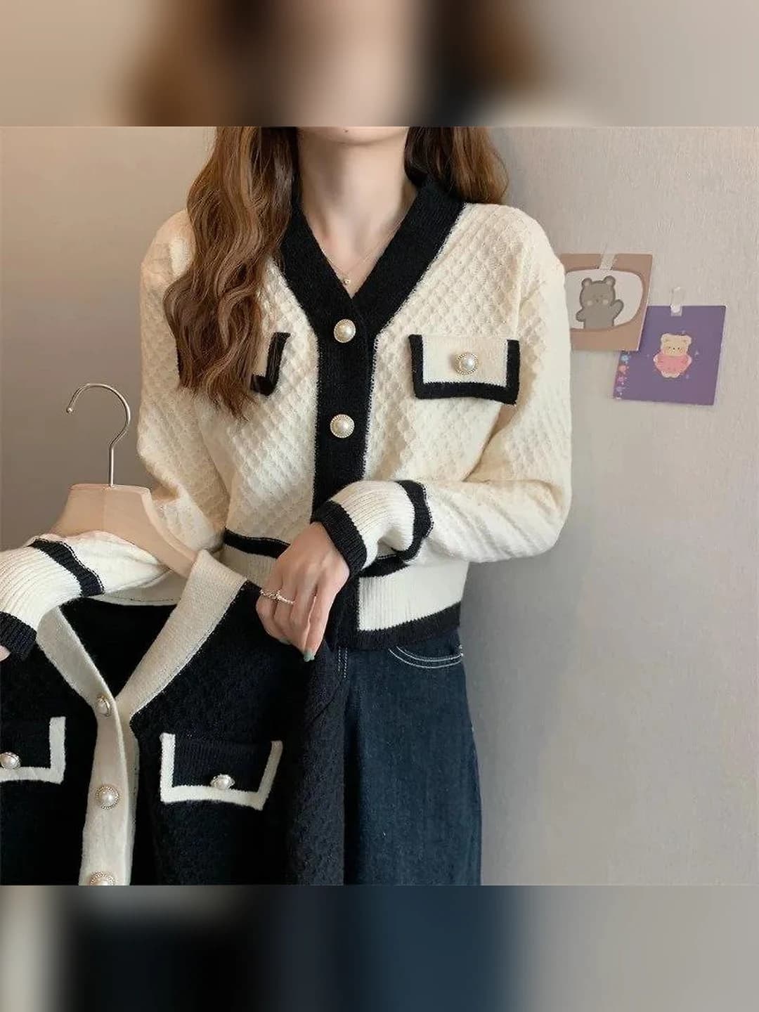 Women's retro style cardigan, V-neck, long sleeve, slim fit, medium thickness, 2026 autumn sweater