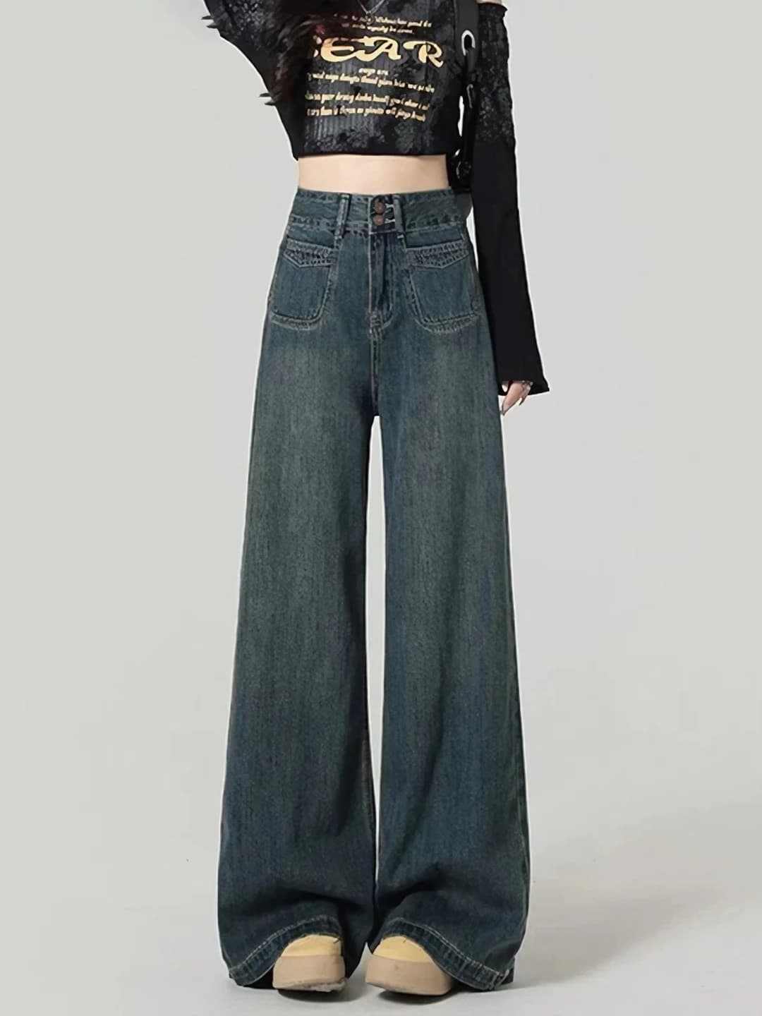 Women's wide and flared jeans retro straight cut high waist spring-autumn thickened fleece-lined loose fit slimming