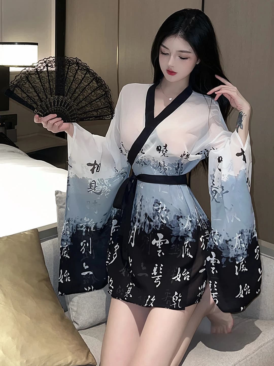 Ayollar uchun erotik kimono uslubidagi ichki kiyimlar to'plami, polyester, 80%-90%