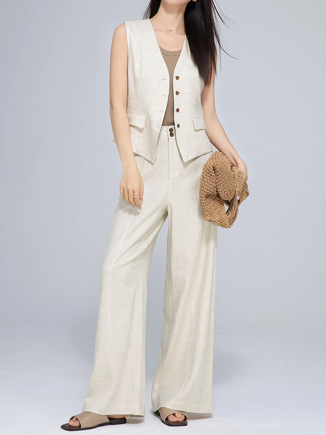 Women's summer tencel and linen set: sleeveless vest and wide-leg trousers