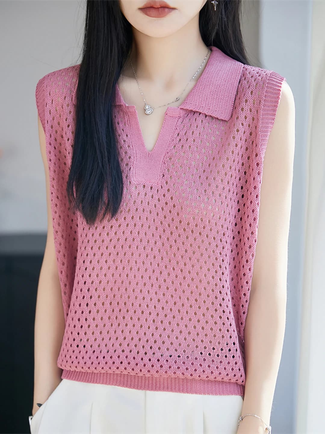 Women's thin knit top with polo collar, tank top, loose fit, solid colour, summer