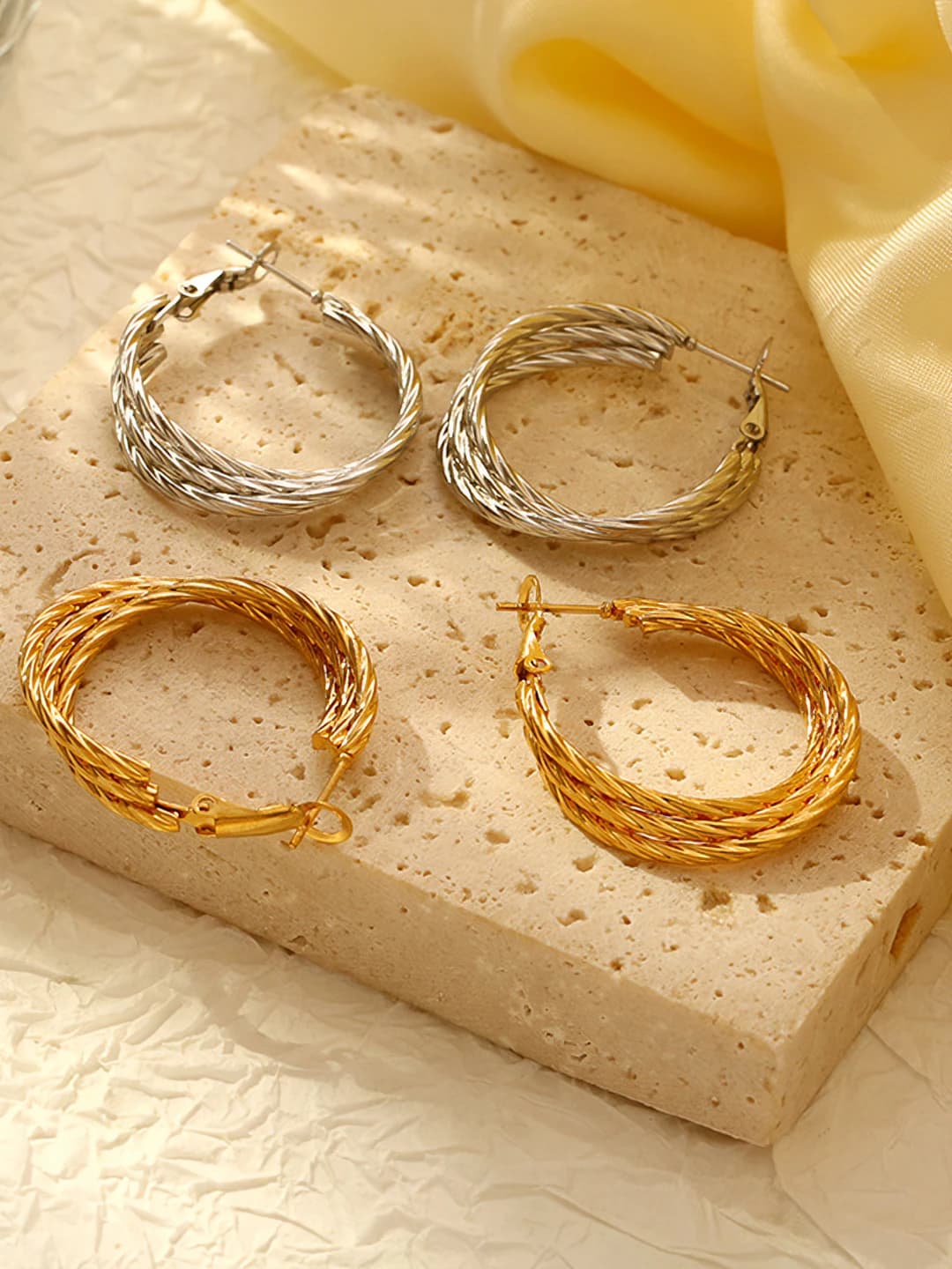 Women's 18K gold-plated stainless steel multi-layer cable knit hoop earrings
