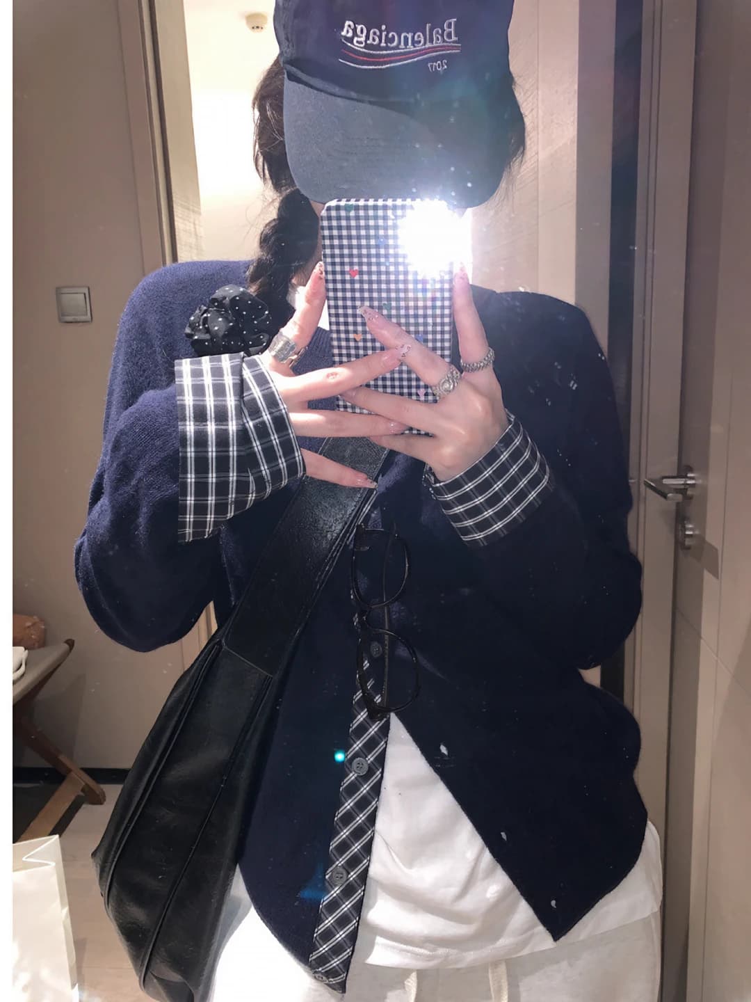 Women's checked knit cardigan, POLO collar, long sleeve, A-line fit, autumn-winter