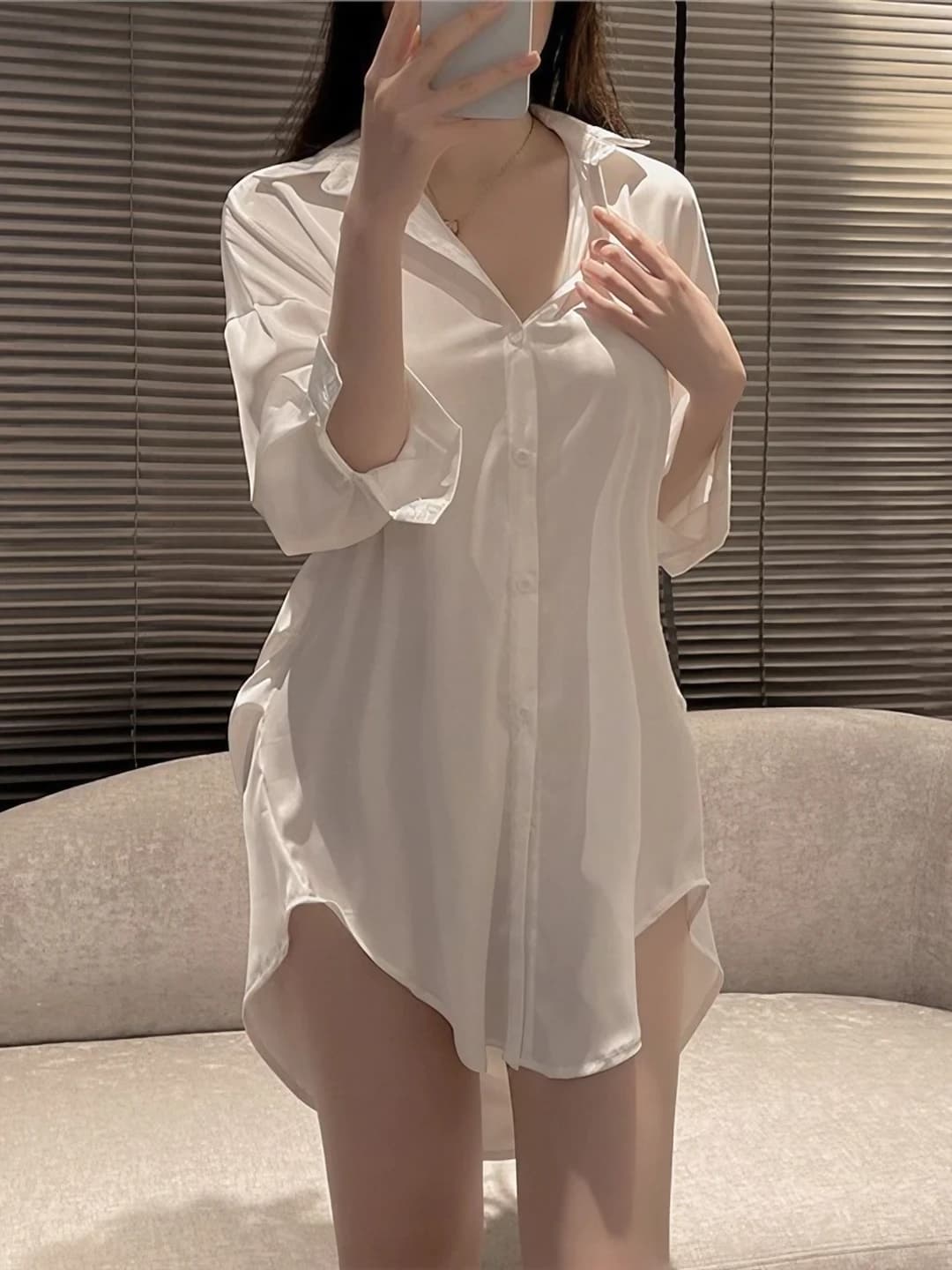 Women's plus size ice-silk fabric nightgown, long sleeve, lapel collar, mini skirt, set, all-season