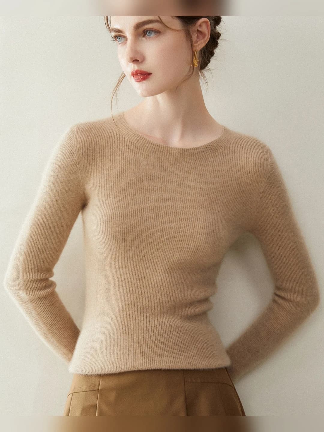 Women's cashmere sweater, crew neck, slim fit, warm, long sleeve, solid colour, slimming long-sleeve base top
