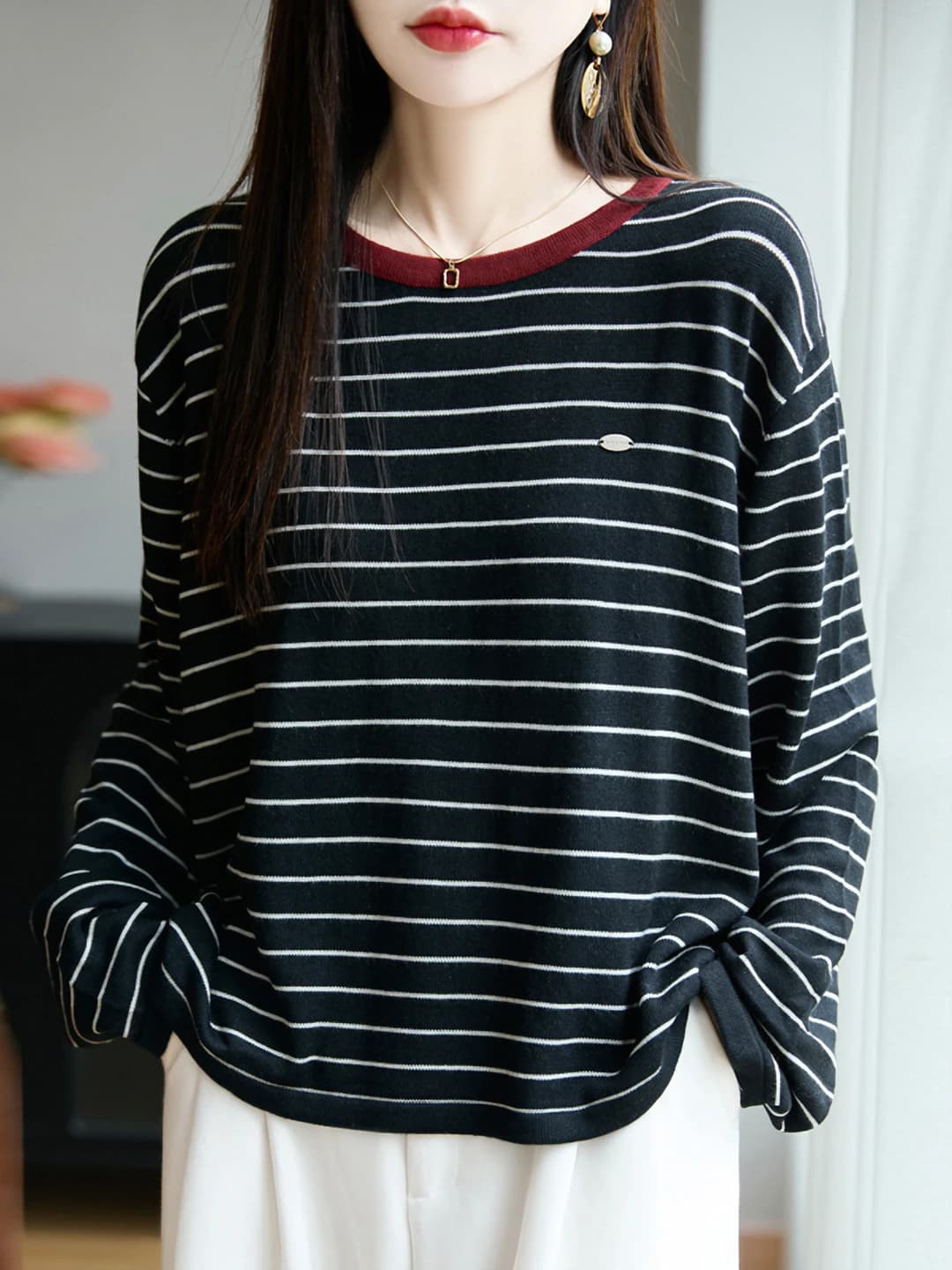 Women's spring striped wool crew neck long sleeve loose fit pullover