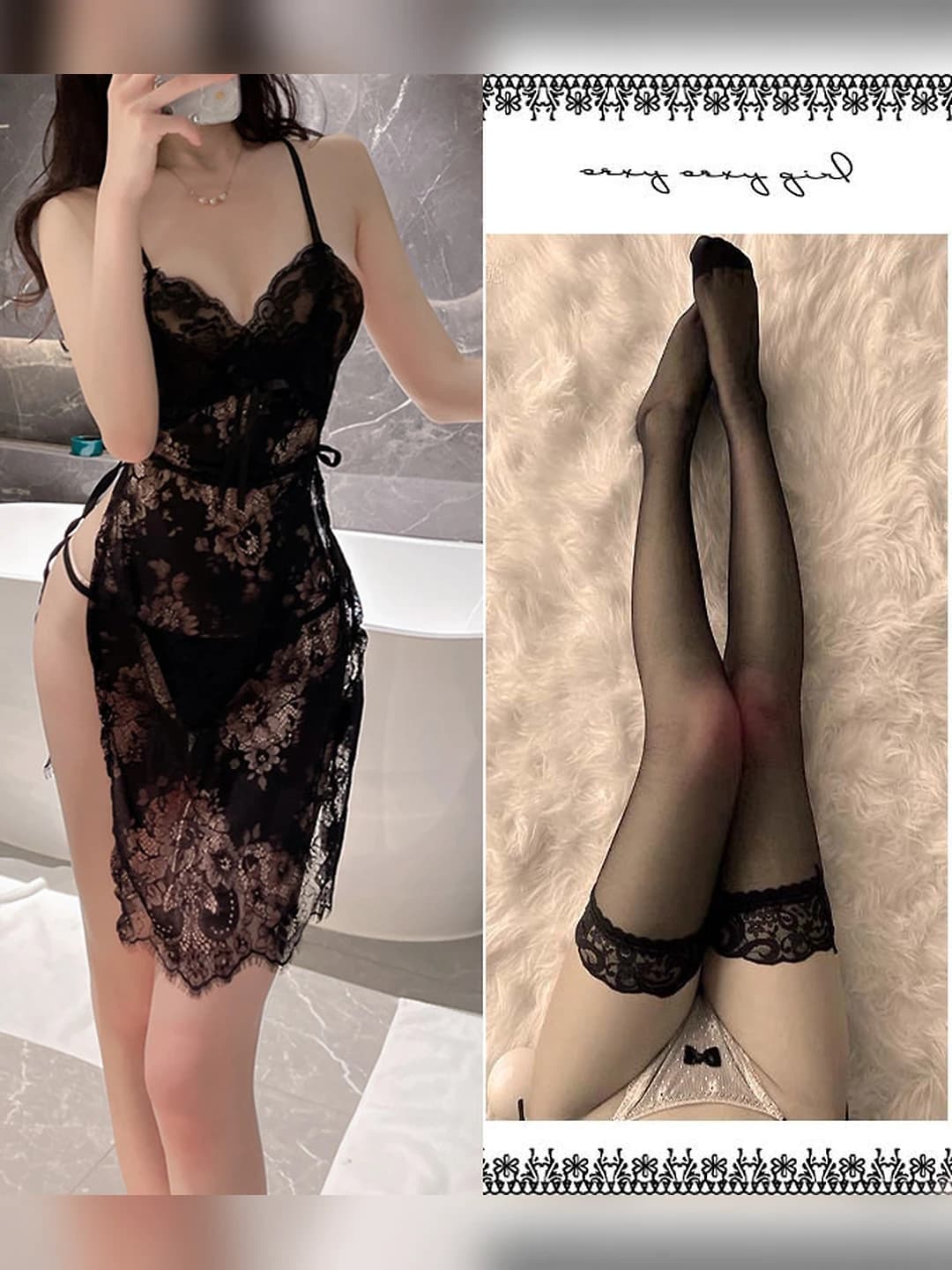 Black nightgown + T-thong + Black tights