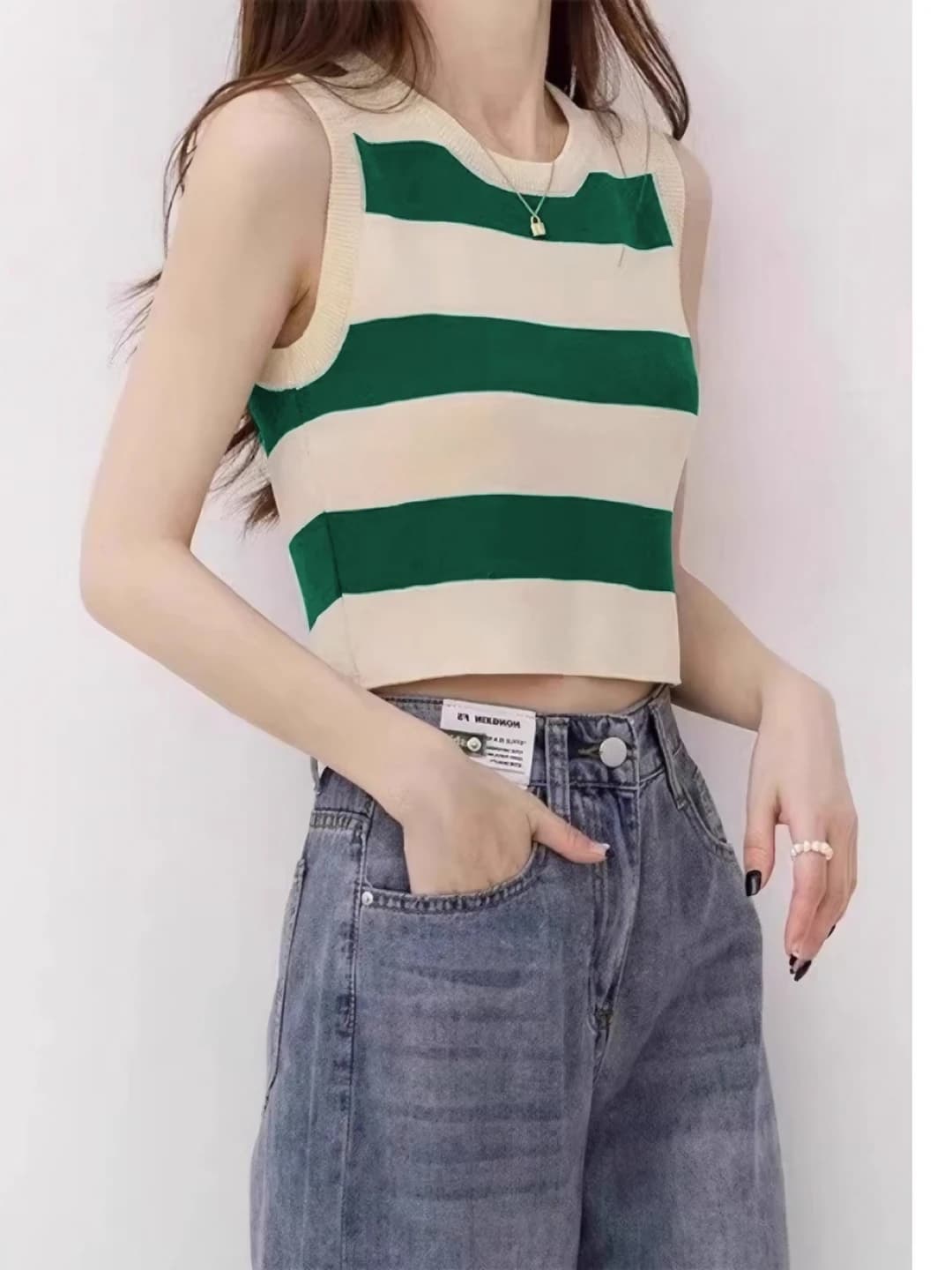 Women's 2026 spring-autumn and summer sleeveless slim fit crew neck striped and color-blocked sweater crop top