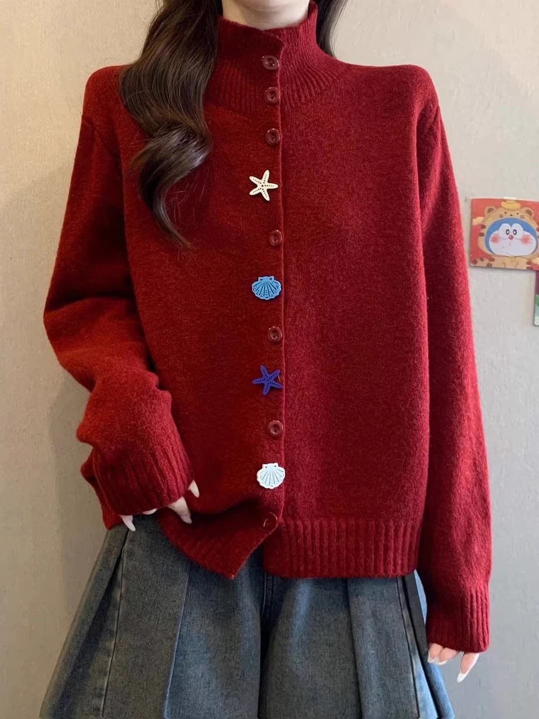 Women's red knit cardigan with crew neck, long sleeve, zip closure, plus size, autumn-winter 2026