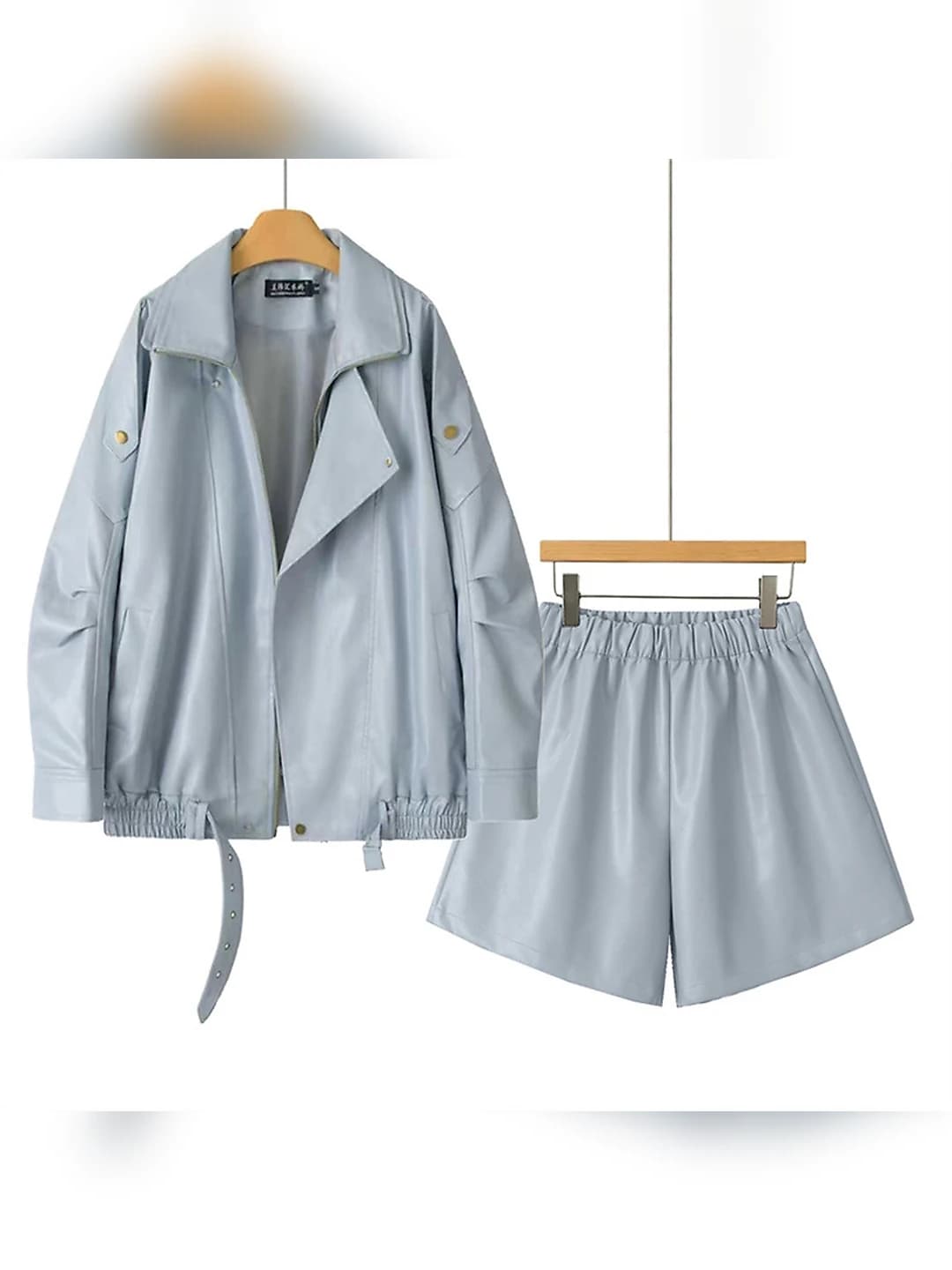 Women's PU jacket and knee-length shorts set, long sleeve, solid colour, retro, all-season