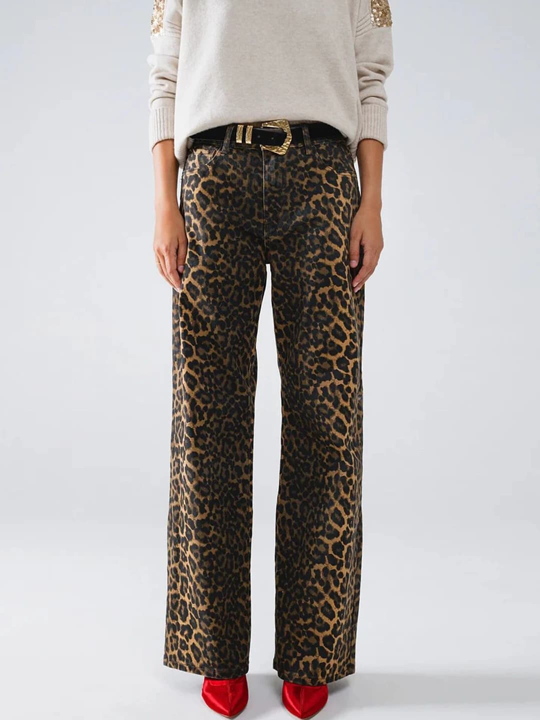 Ayollar uchun leopard naqshli to'g'ri kesim jinsi shim, baland bel, uzun shim, 90-95% paxta