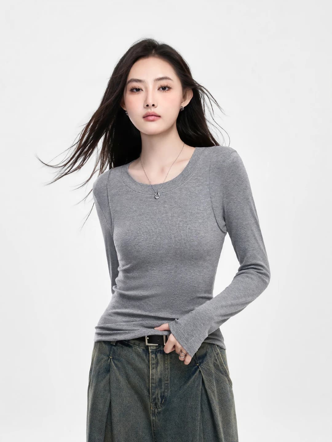 Women's slim fit long sleeve crew neck solid colour long-sleeve base top
