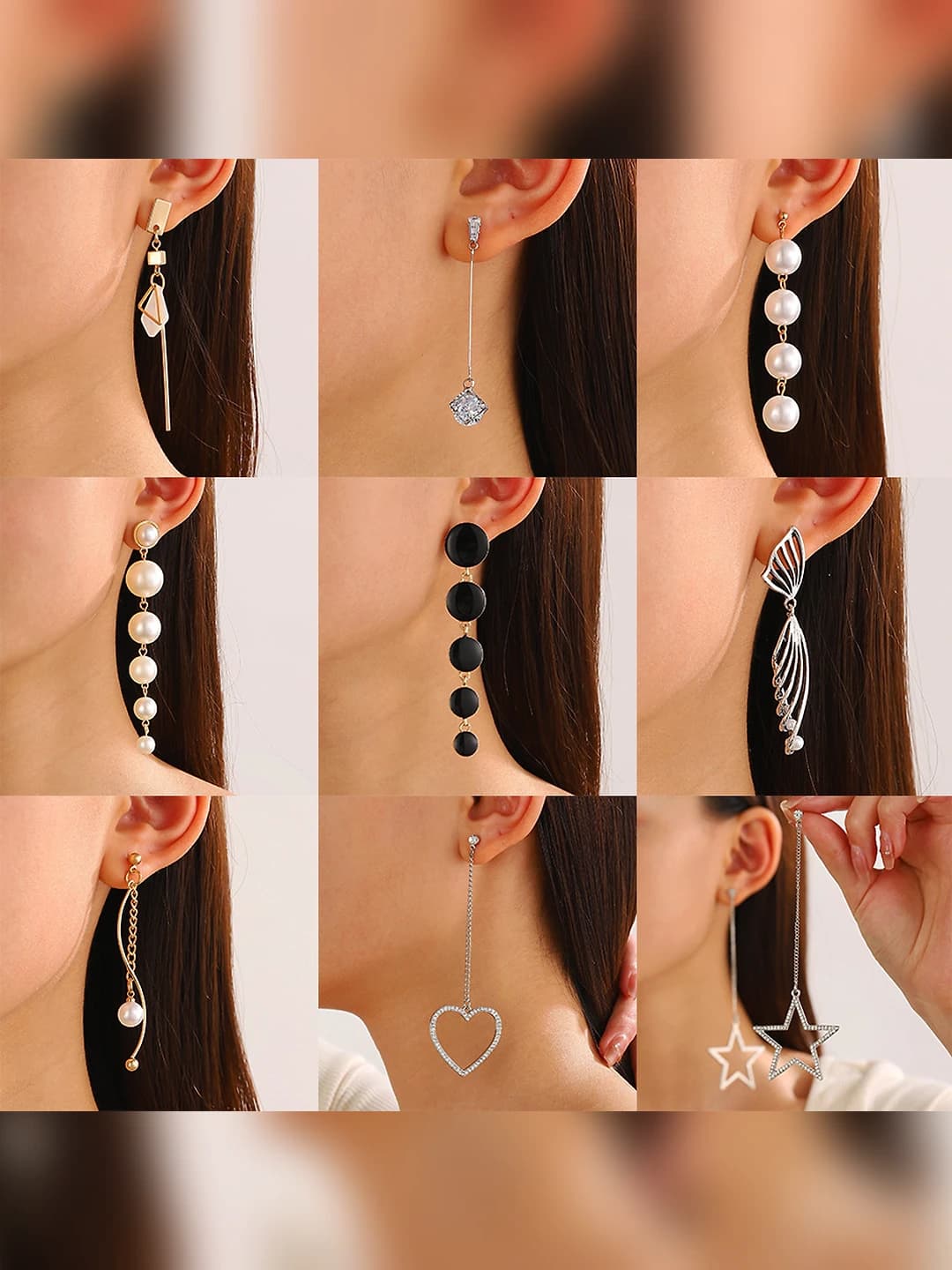Women's long ins style earrings with geometric heart shape, pearl and metal
