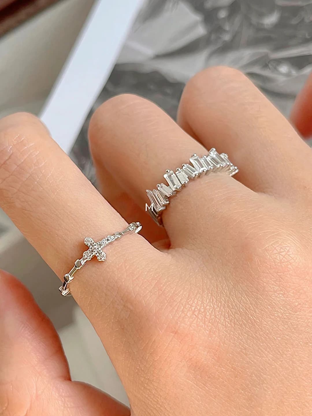 Women's asymmetric open ring, copper, geometric cross design element, minimalist style finger ring