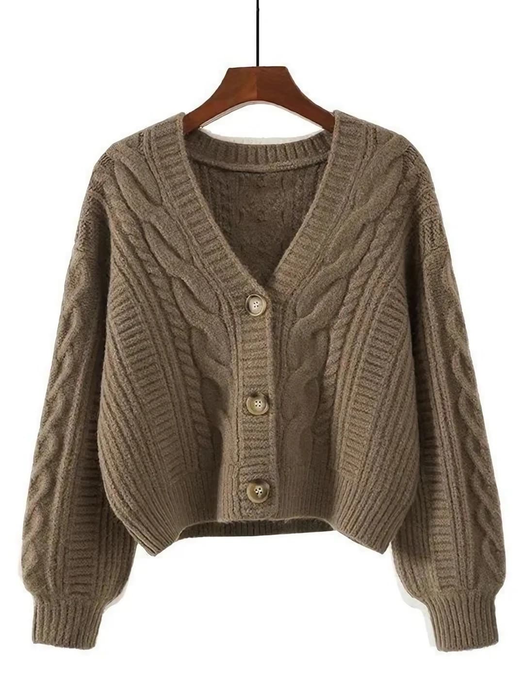 Women's retro cable knit cardigan with V-neck, autumn-winter, for petite, loose fit, long sleeve, solid colour