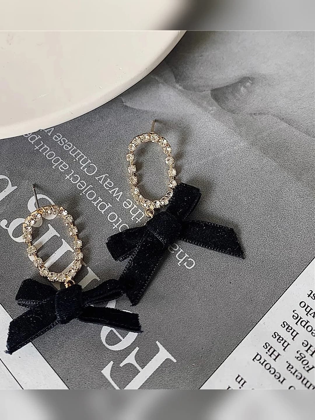 Women's black ribbon and bow drop earrings on 925 silver post, simple Audrey Hepburn style design element