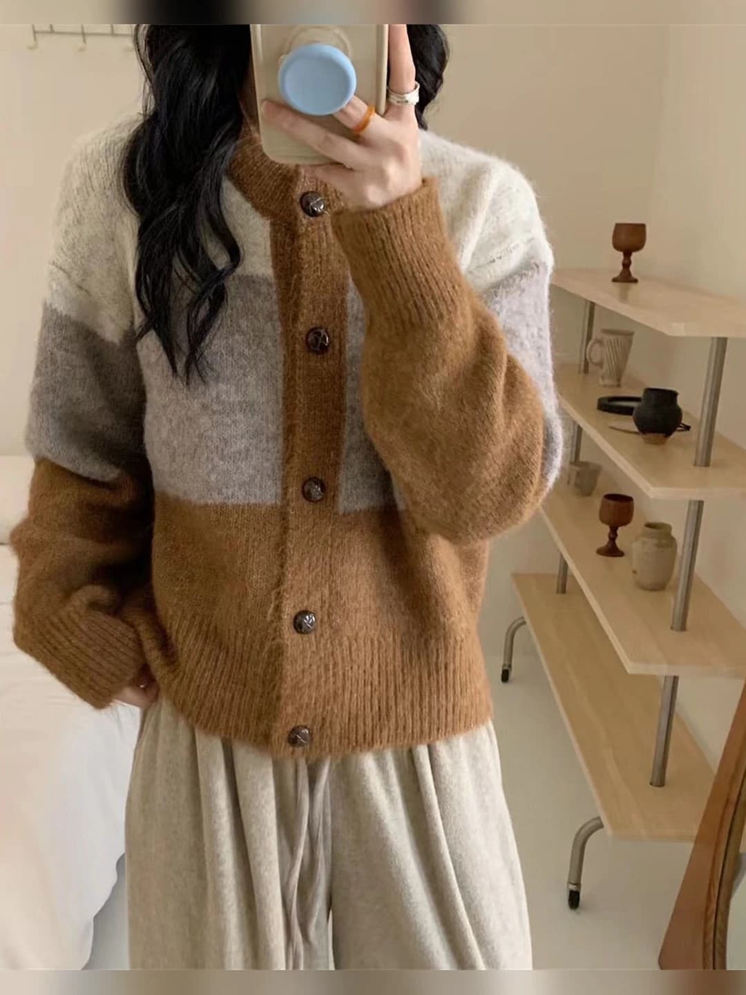 Women's striped retro knit cardigan, loose fit, long sleeve, crew neck, autumn-winter