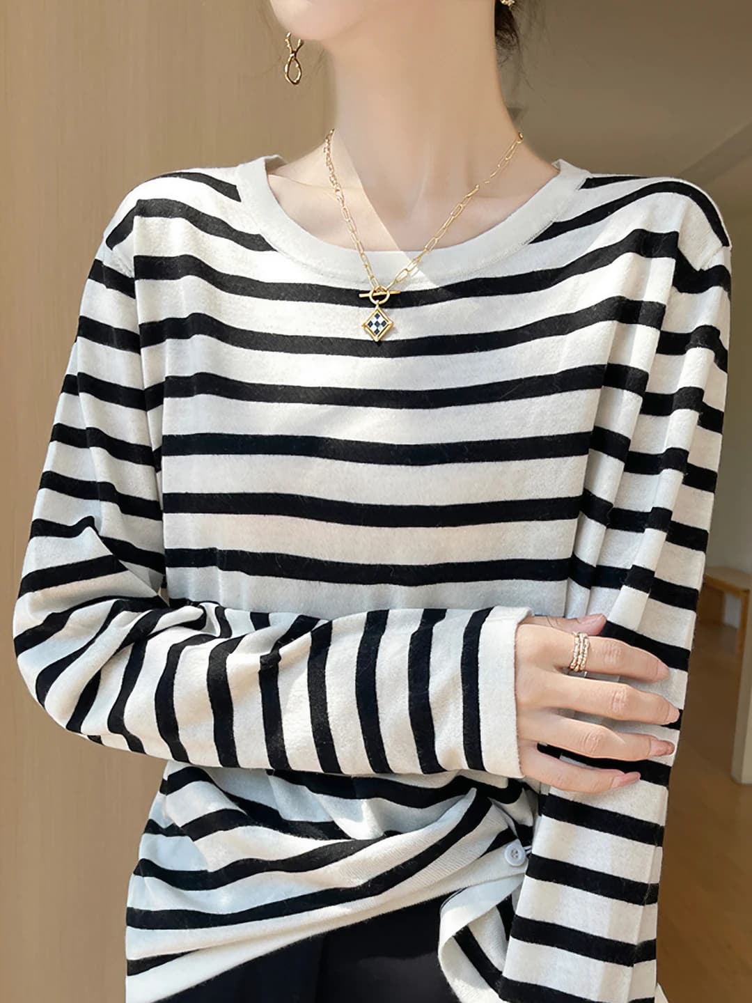 Women's 2026 spring striped crew neck long sleeve wool long-sleeve base top, loose fit and slimming