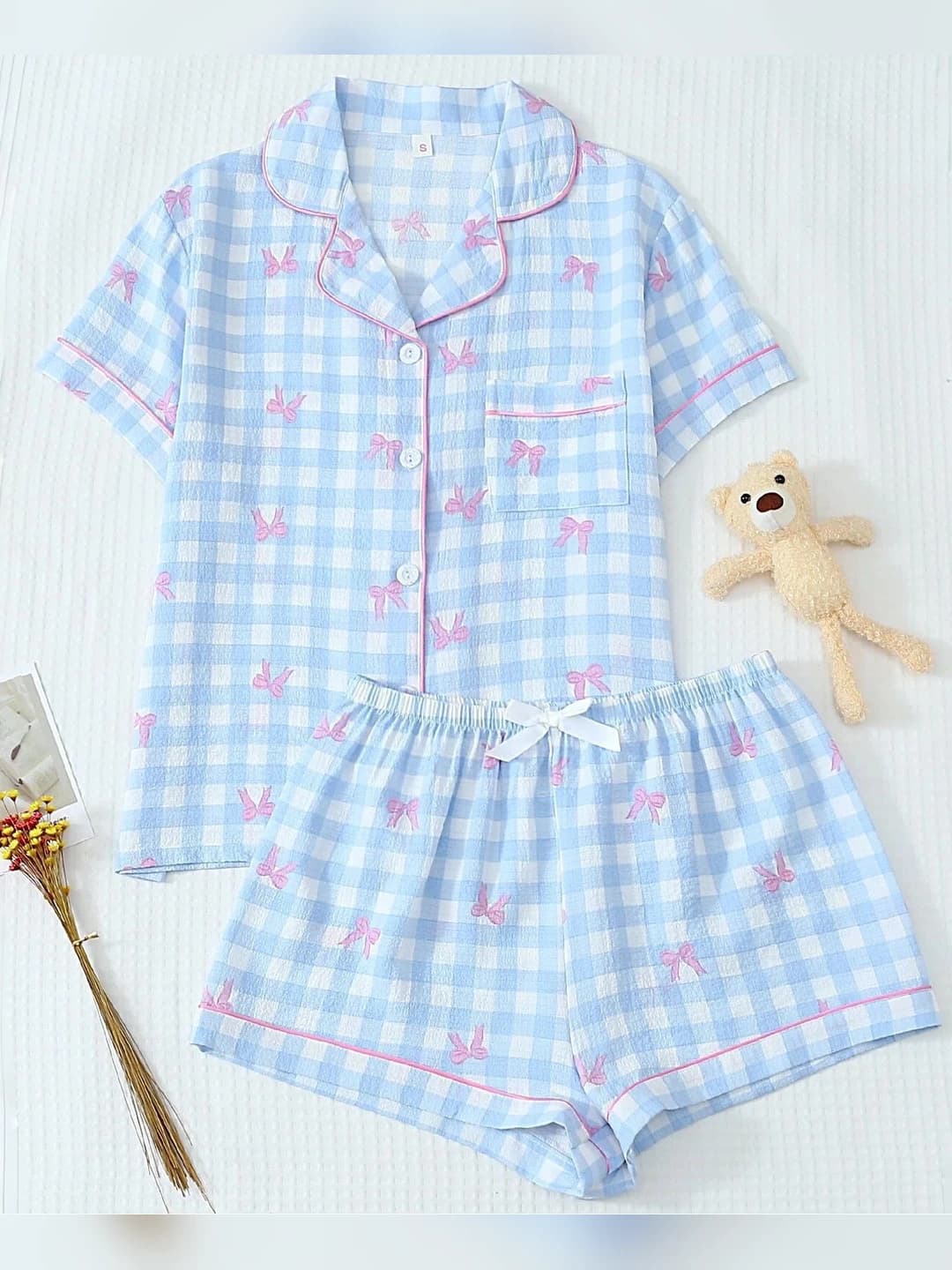 Women's 2026 checked thin breathable all-season loungewear set with short sleeves and shorts