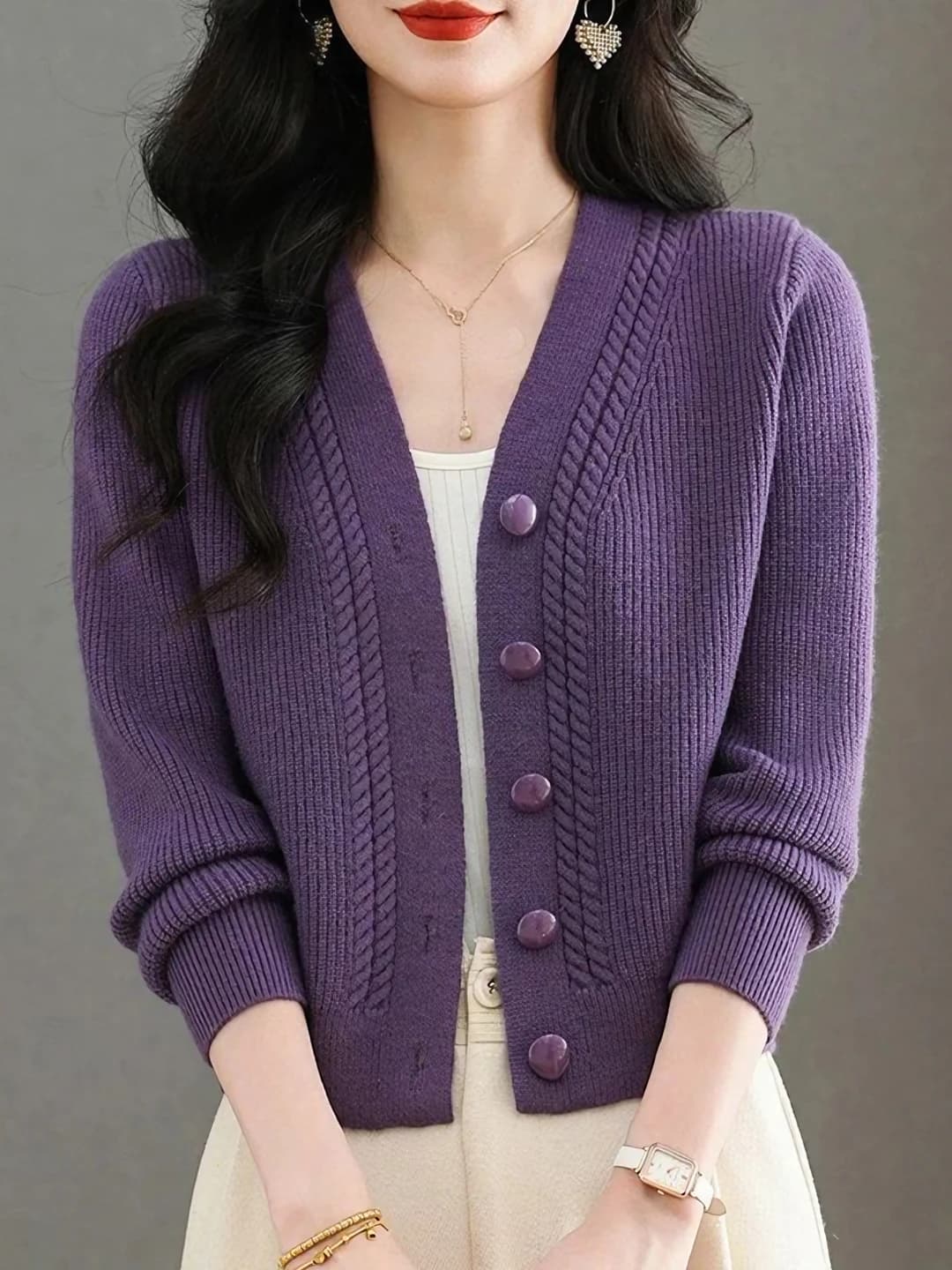 Women's autumn-winter V-neck long sleeve solid colour loose fit cardigan