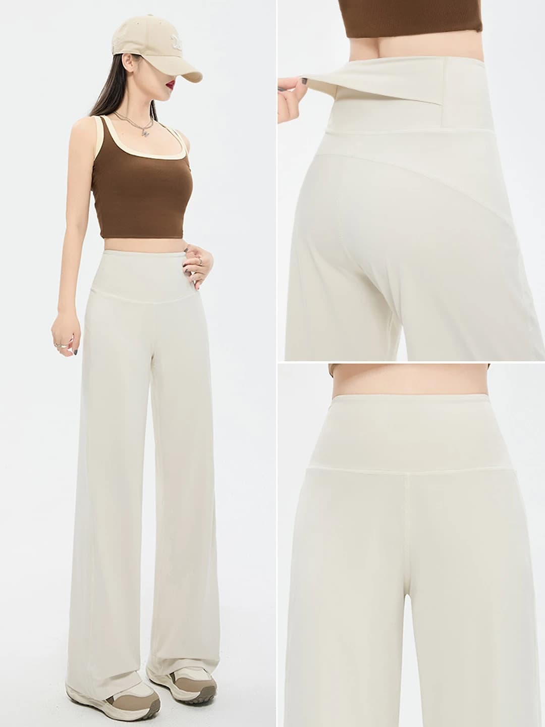 Ayollar uchun bahor-yozgi sport shim: baland bel, keng shim, bo'sh (oversize) kesim, tez quriydigan, havo o'tkazuvchan, elastik, nozik ko'rsatadigan
