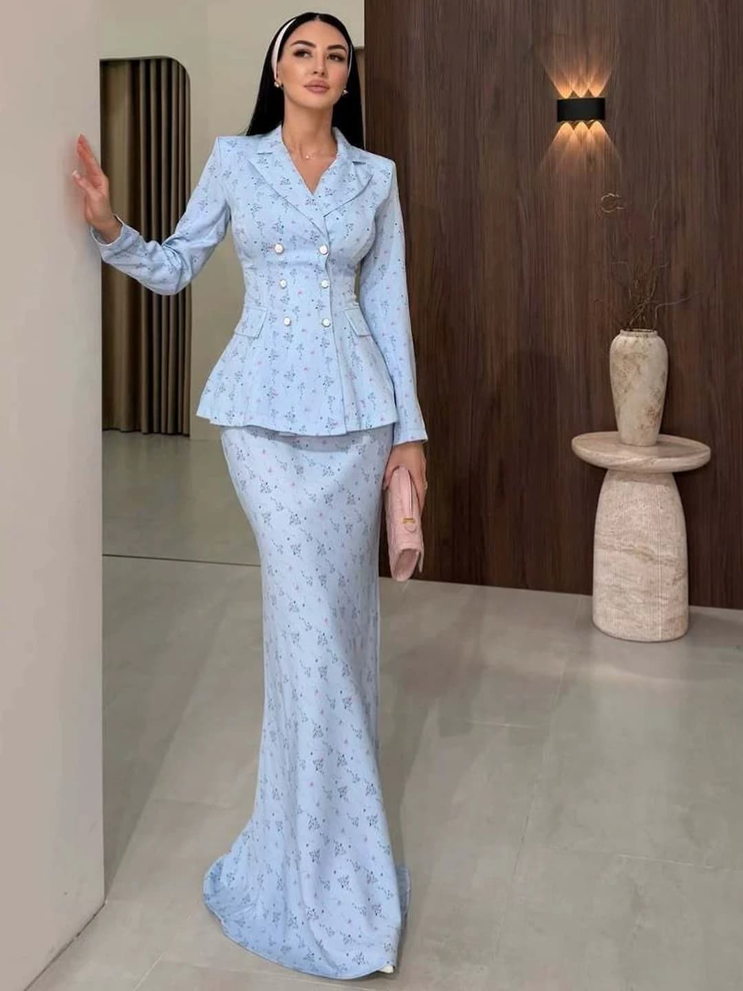 Women's 2026 autumn set: long sleeve floral blouse and mermaid skirt