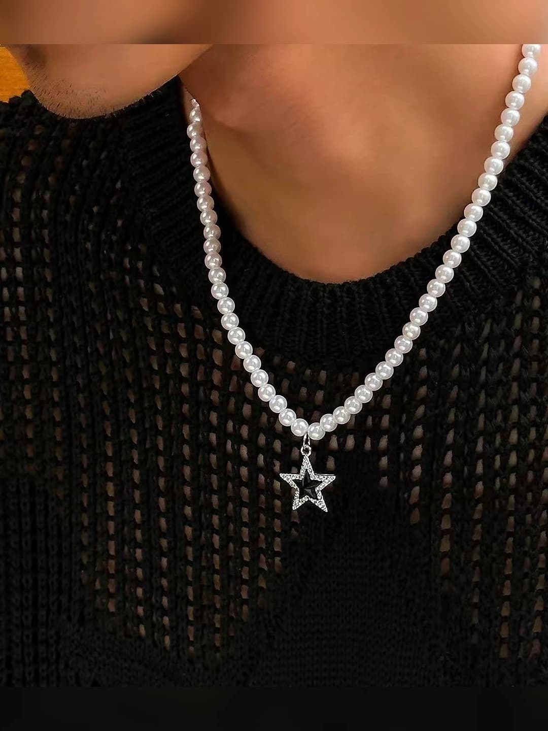 Women's ins style geometric five-pointed star pendant necklace with copper zircon and imitation pearl chain