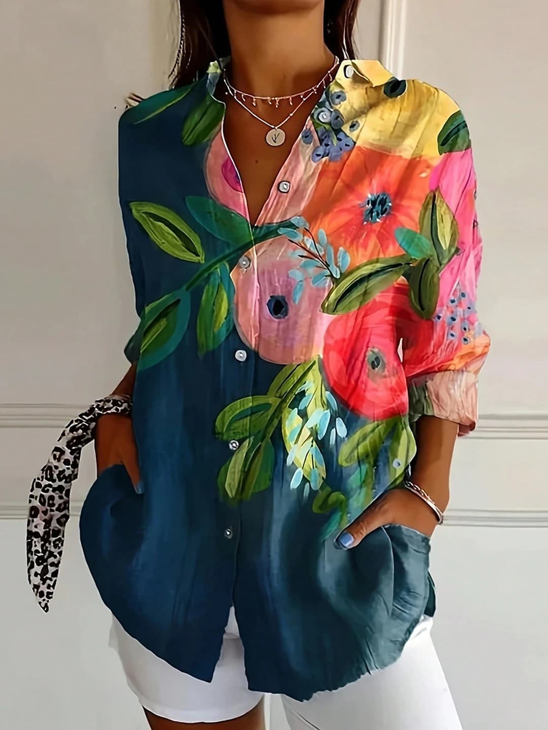 Women's printed blouse 2026 spring-autumn, casual, lapel collar, long sleeve, loose fit, long