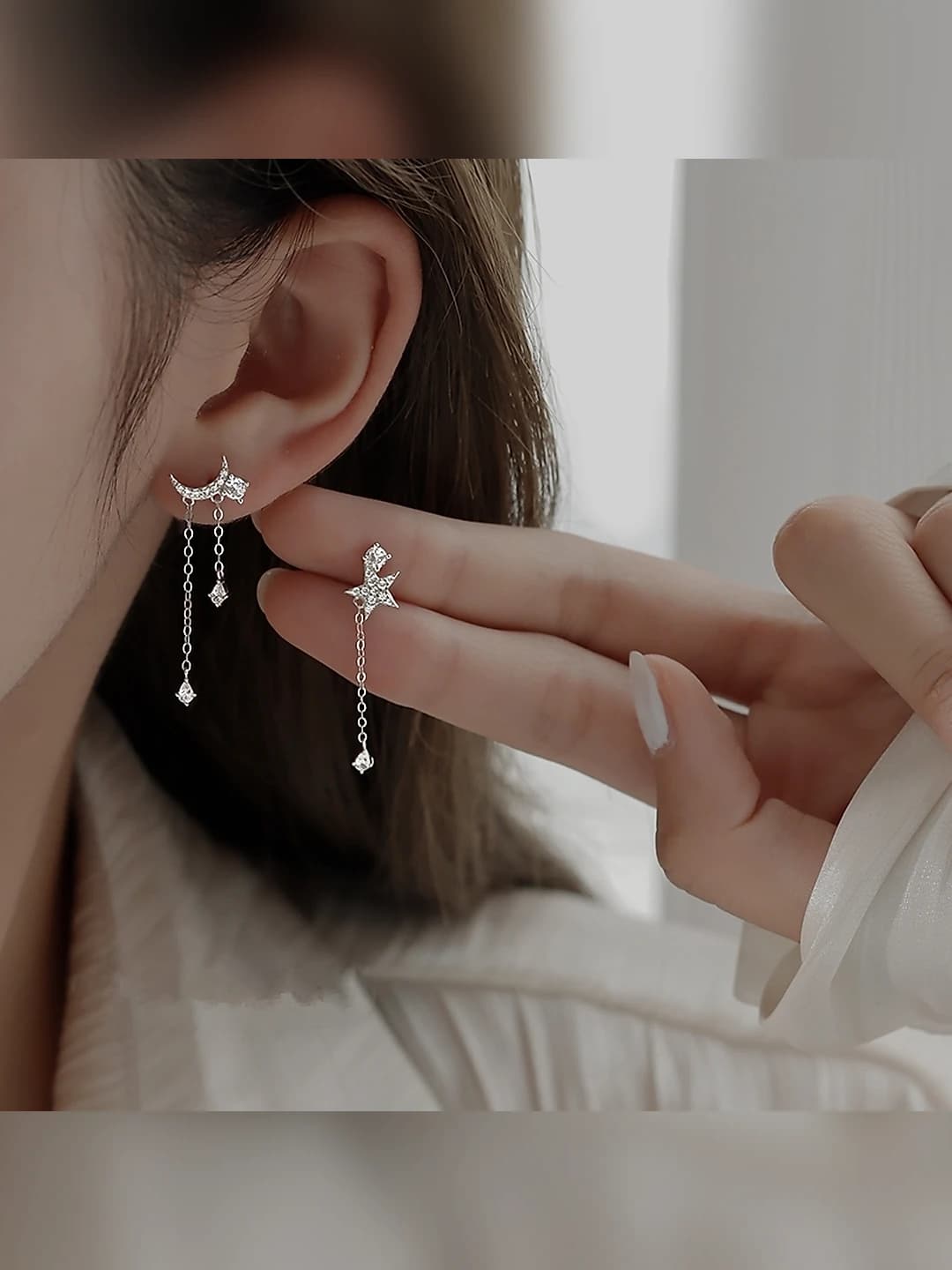 Moon & star tassel studs, white gold