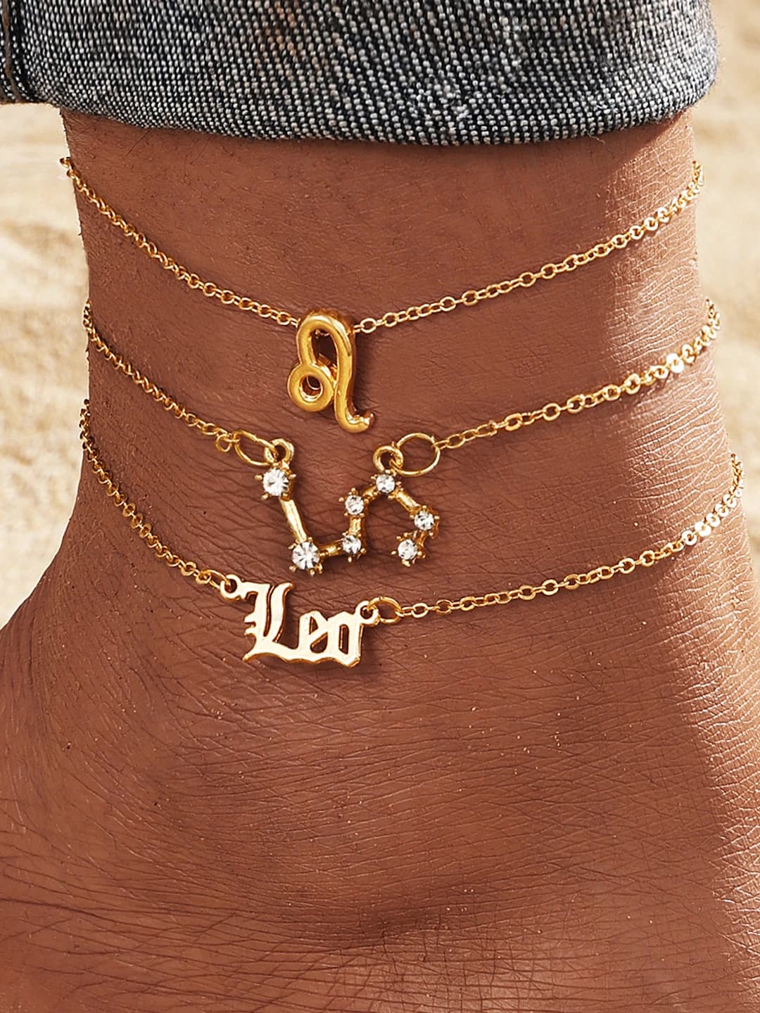 Women's alloy ankle bracelet with 12 zodiac signs, gold color, with artificial stones, 3-piece set