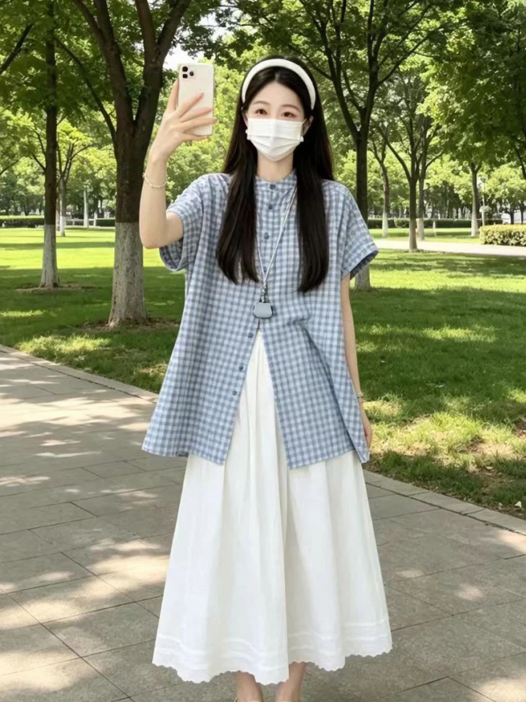 Women's 2026 summer clothing set: checked blouse and long skirt, loose fit and slimming