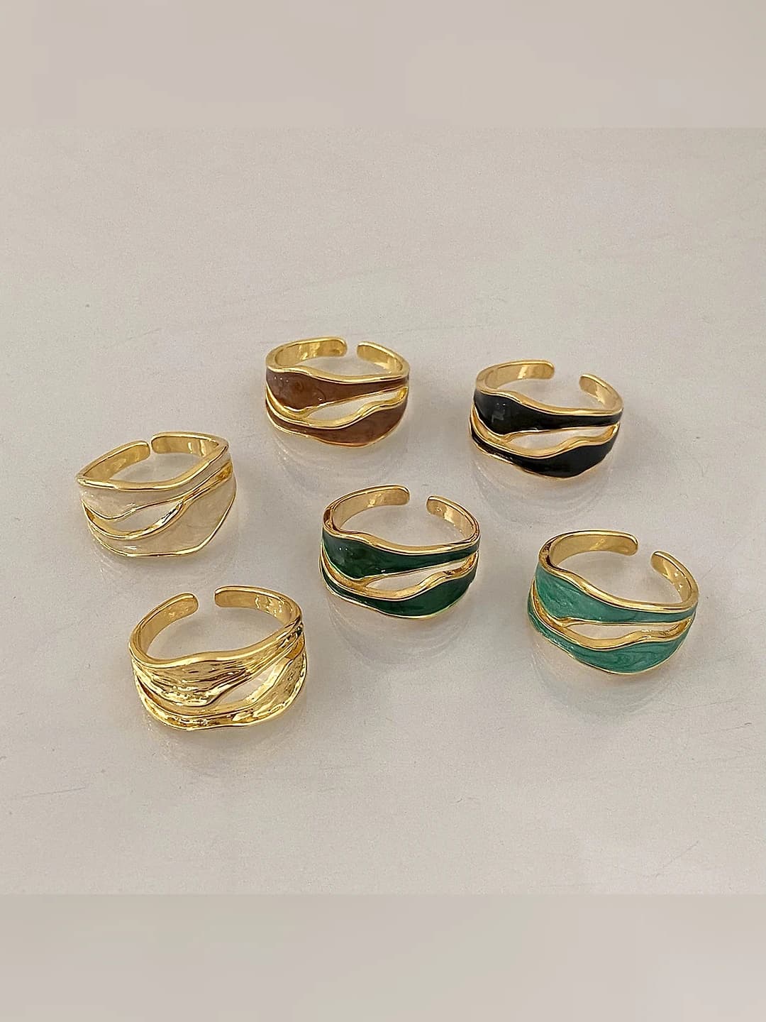 Women's retro style individual design open ring, copper, U-shaped, geometric, enamel