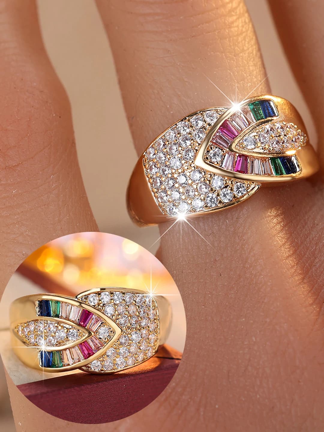 Women's two-layer open ring with zircon and rainbow design