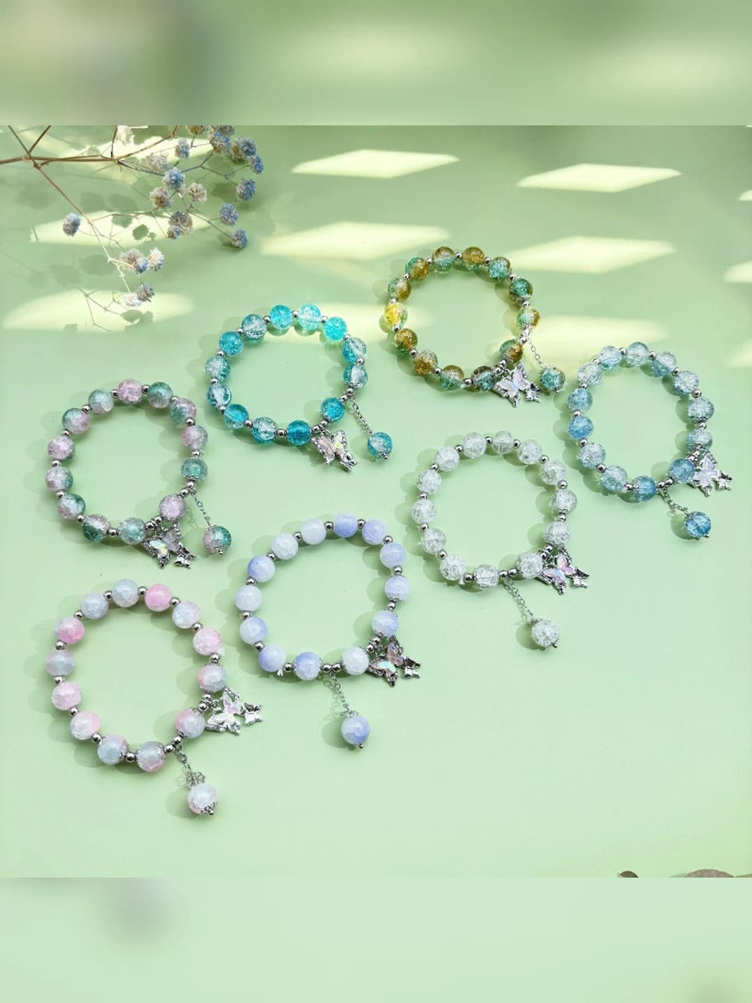 Women's glass and fusing bracelet, complex glass crystal, hand-beaded, rhombus shape, butterfly design element, cartoon style, new Chinese style