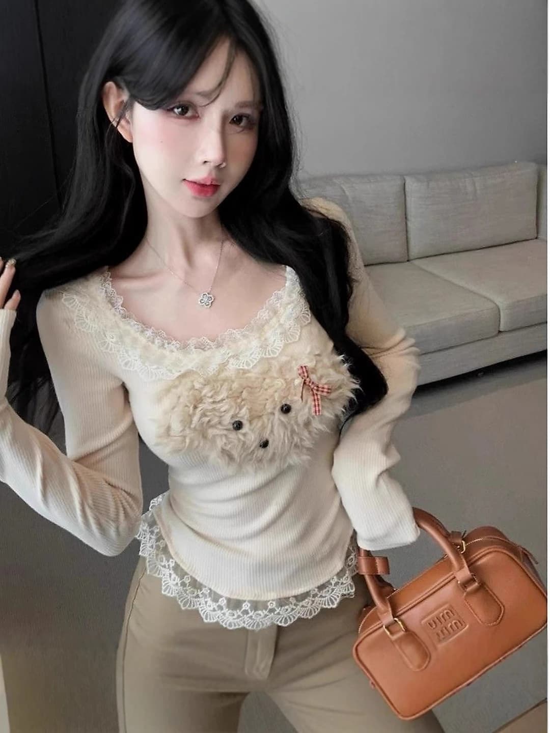 Women's long-sleeve longsleeve: lace, U-neck, slim fit, slimming, petite