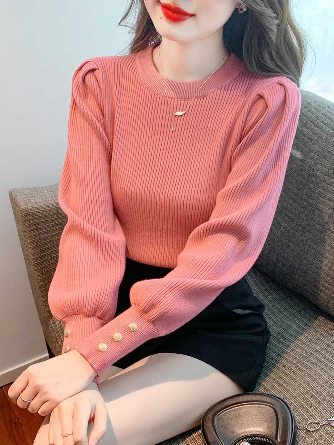 Women's autumn-winter knit pullover sweater, slim fit, crew neck, long sleeve, solid colour, slimming