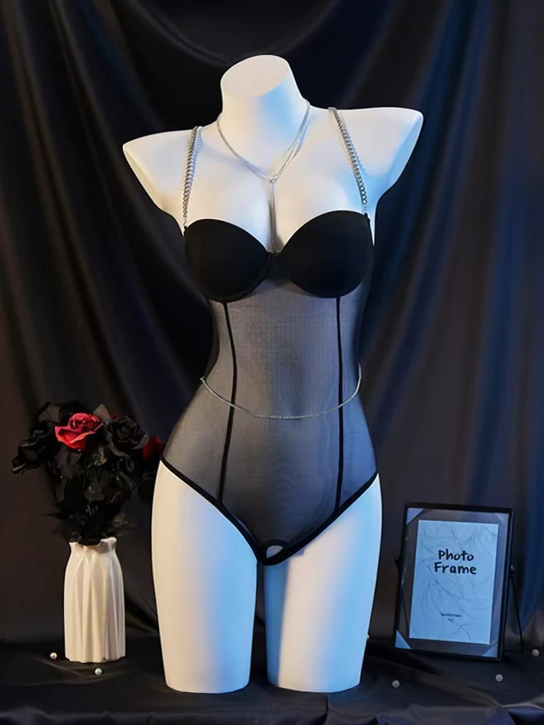 Women's erotic sheer mesh bodysuit, polyester fabric, 90-95% composition