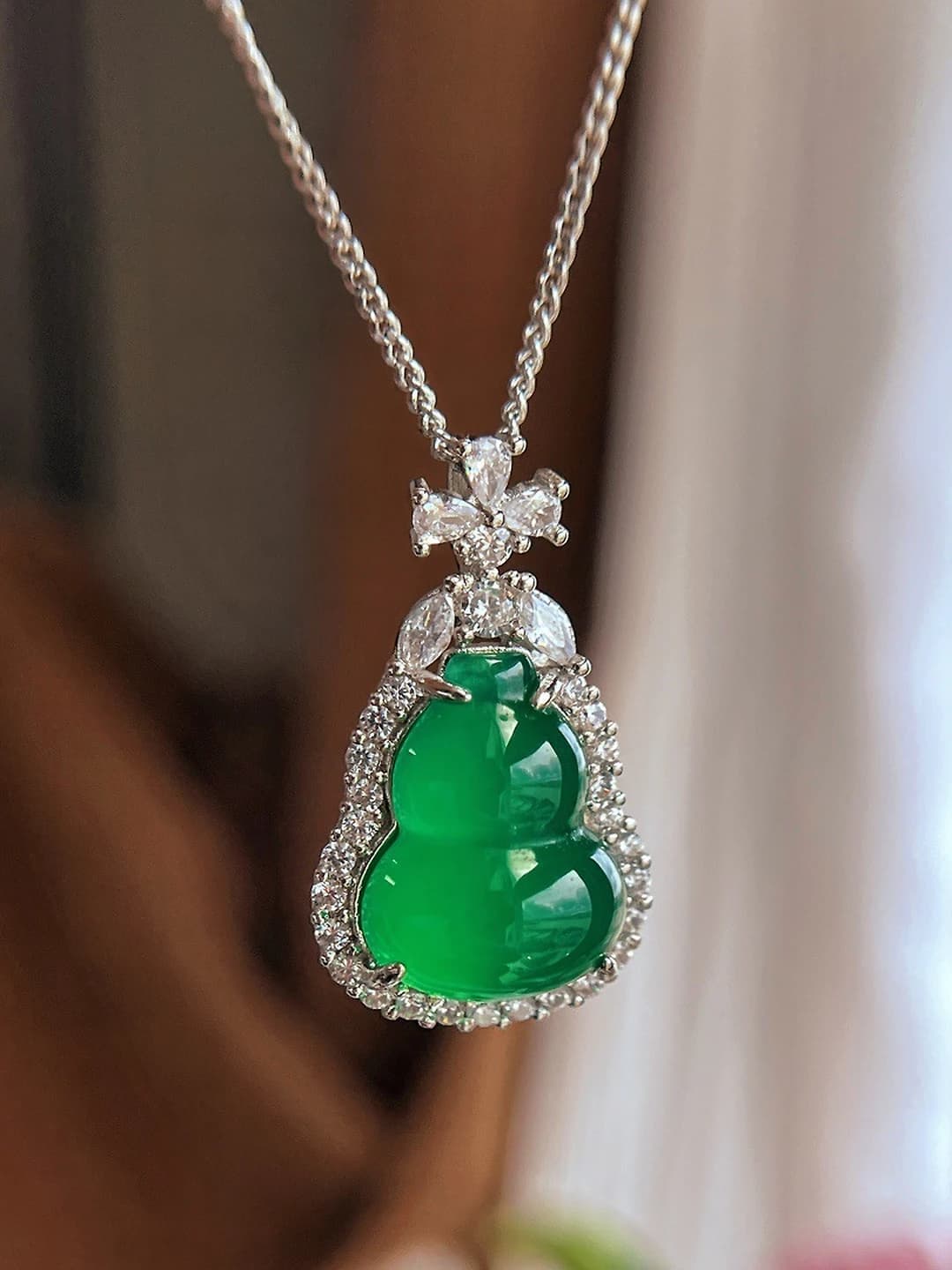 Women's natural green jade and agate gourd pendant necklace, titanium steel chain, light luxury style