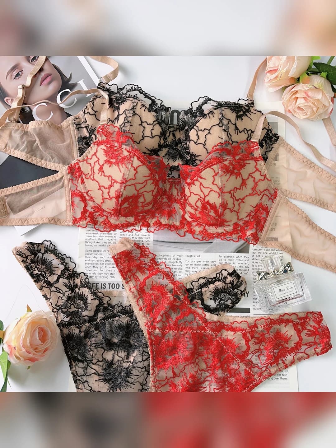 Women's lace underwear set: thin, embroidered, plus size, breathable, summer, winter, spring, autumn