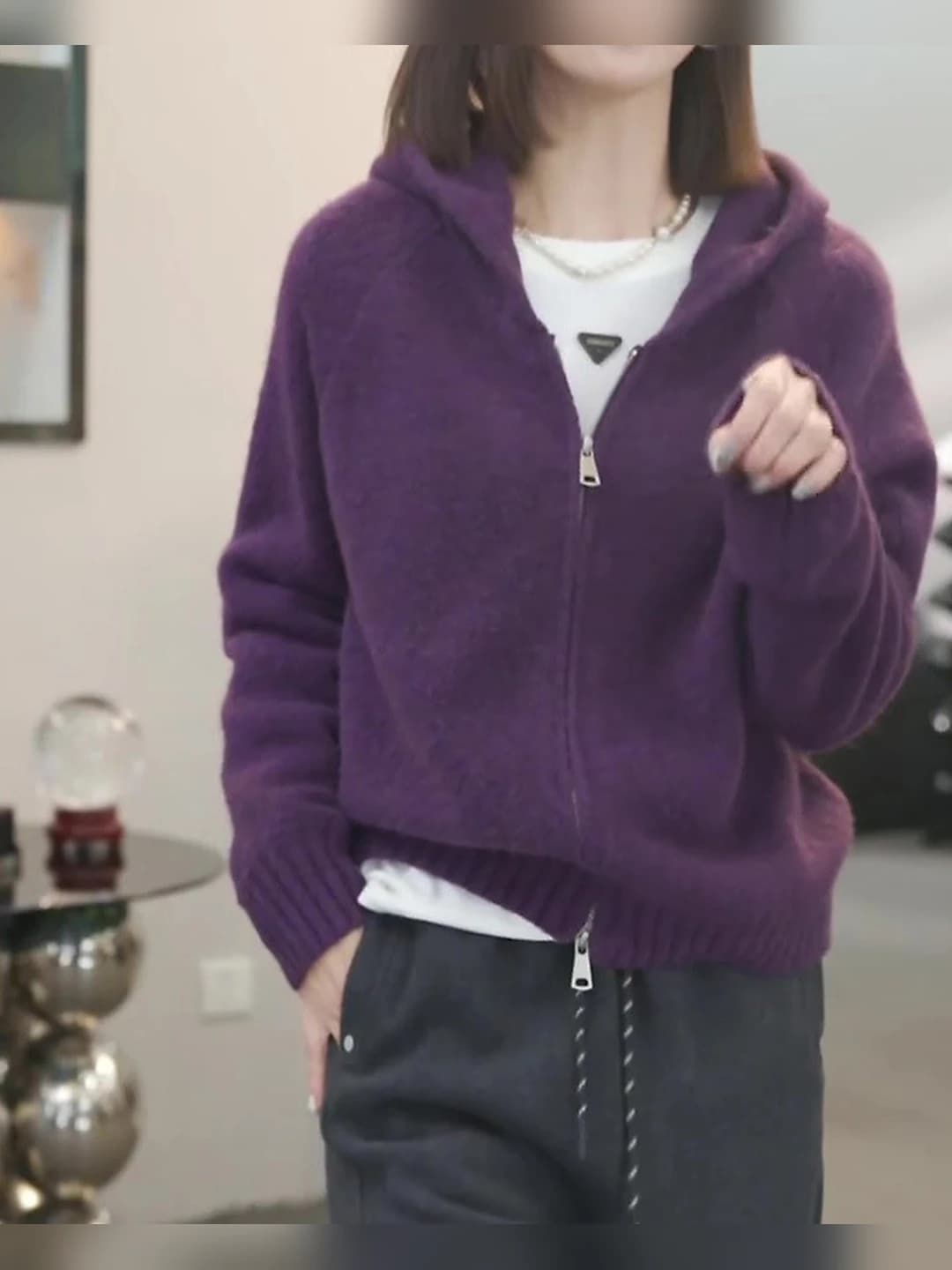Women's 2026 autumn-winter knit cardigan, with zip, casual, slimming, solid colour, loose fit, long sleeve