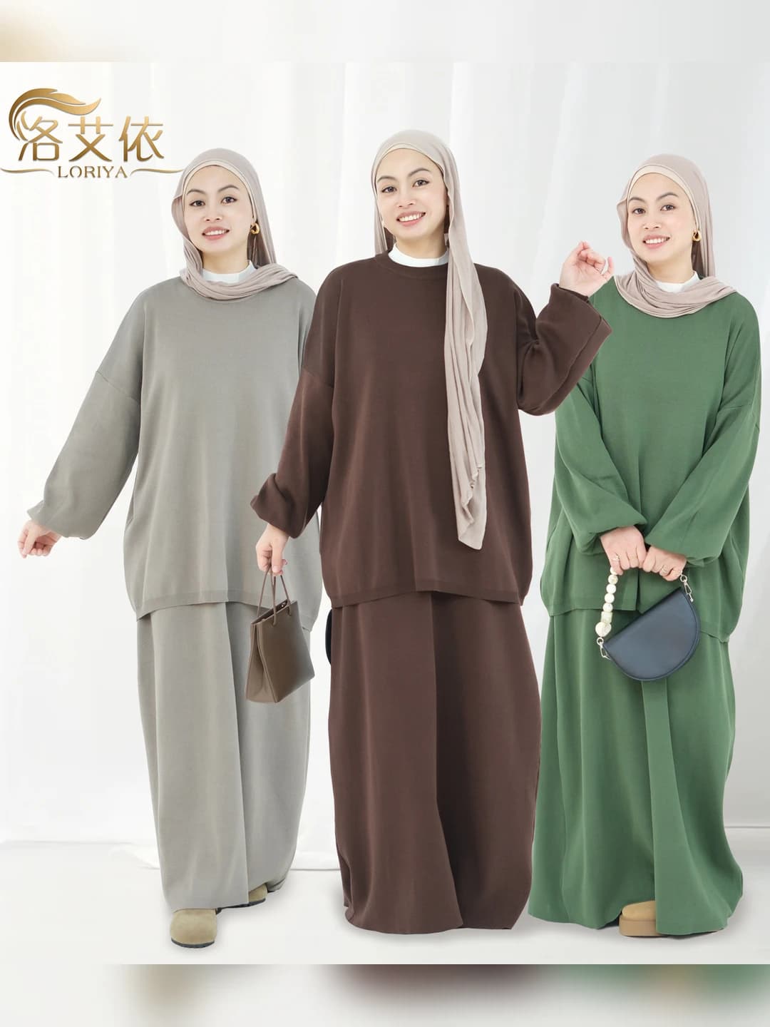 Women's autumn-winter thickened solid colour two-piece set (loose top and wide pants/skirt)