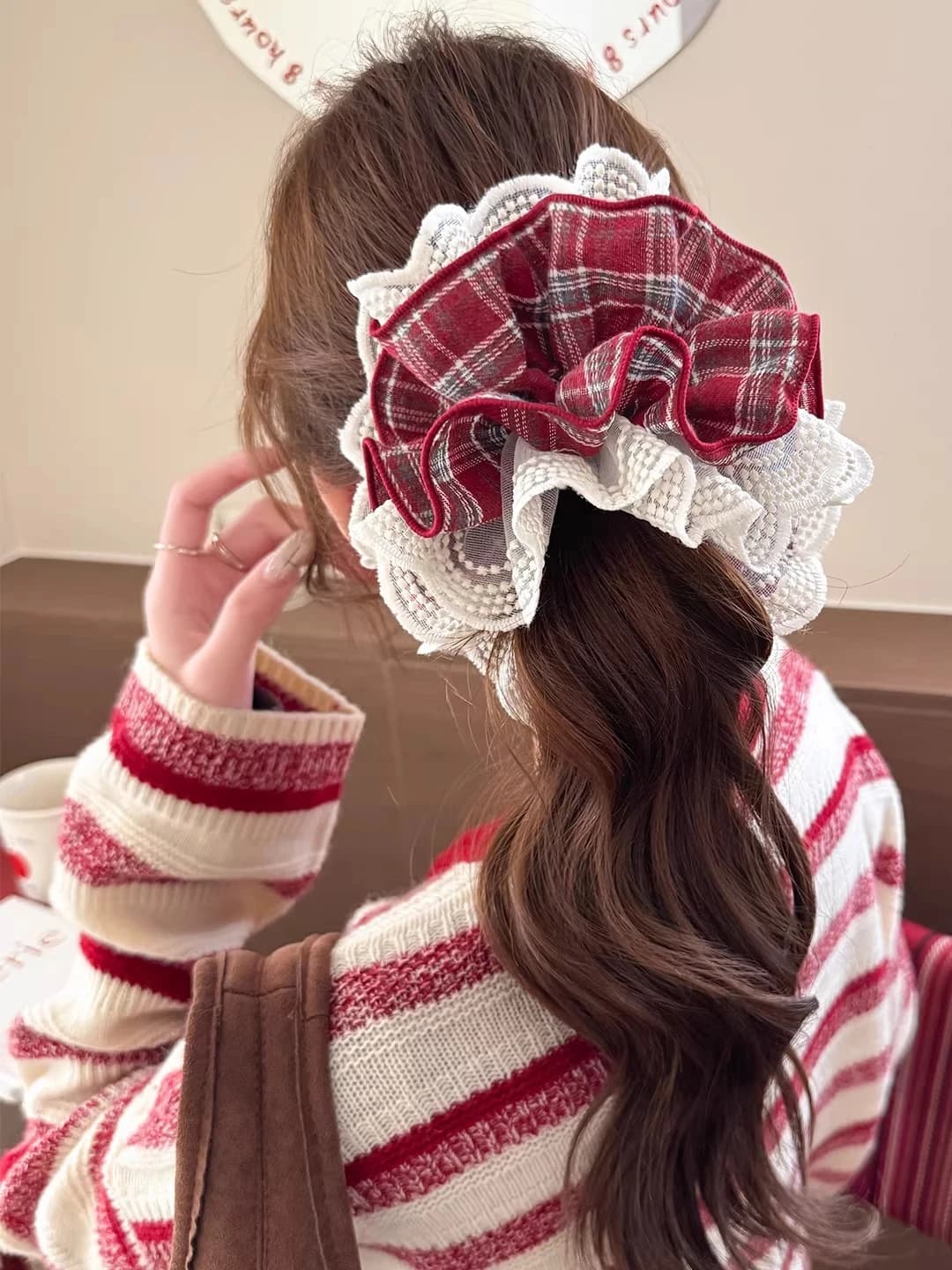 Women's Korean style sweet plaid lace 4-layer loose scrunchie hair tie