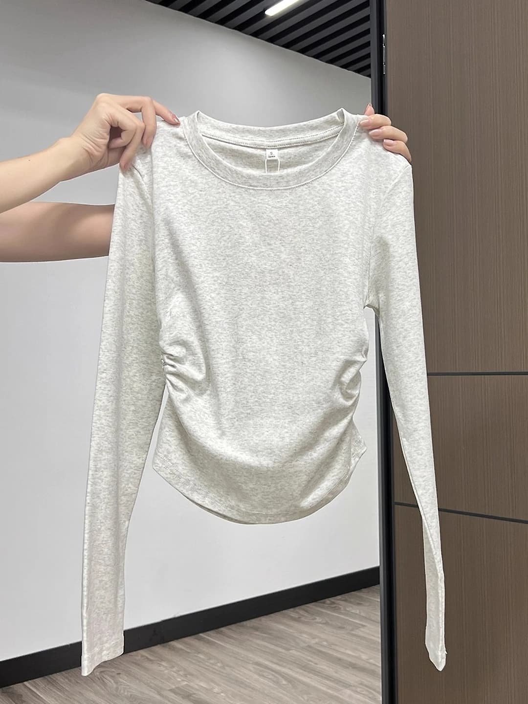 Women's pure cotton long-sleeve base top, crew neck, slim fit, solid colour, autumn