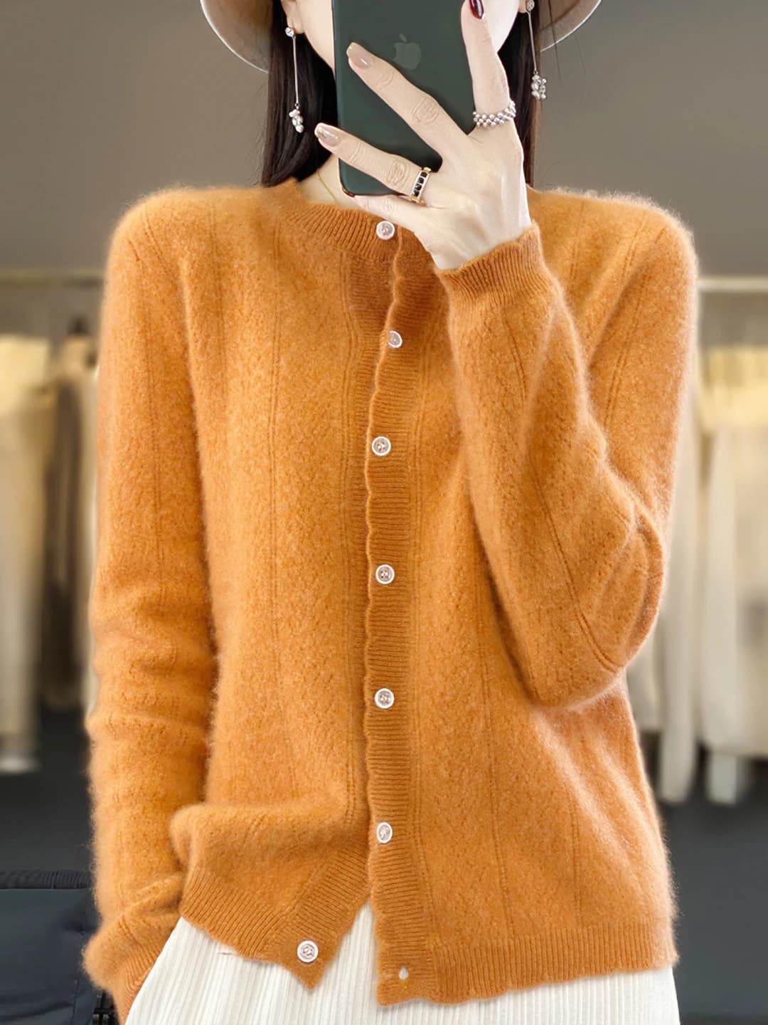Women's autumn-winter wool cardigan, long sleeve, crew neck, loose fit, slimming