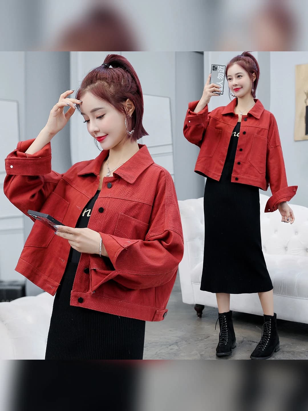 Women's short printed denim jacket, Korean style, loose fit, lapel collar, long sleeve