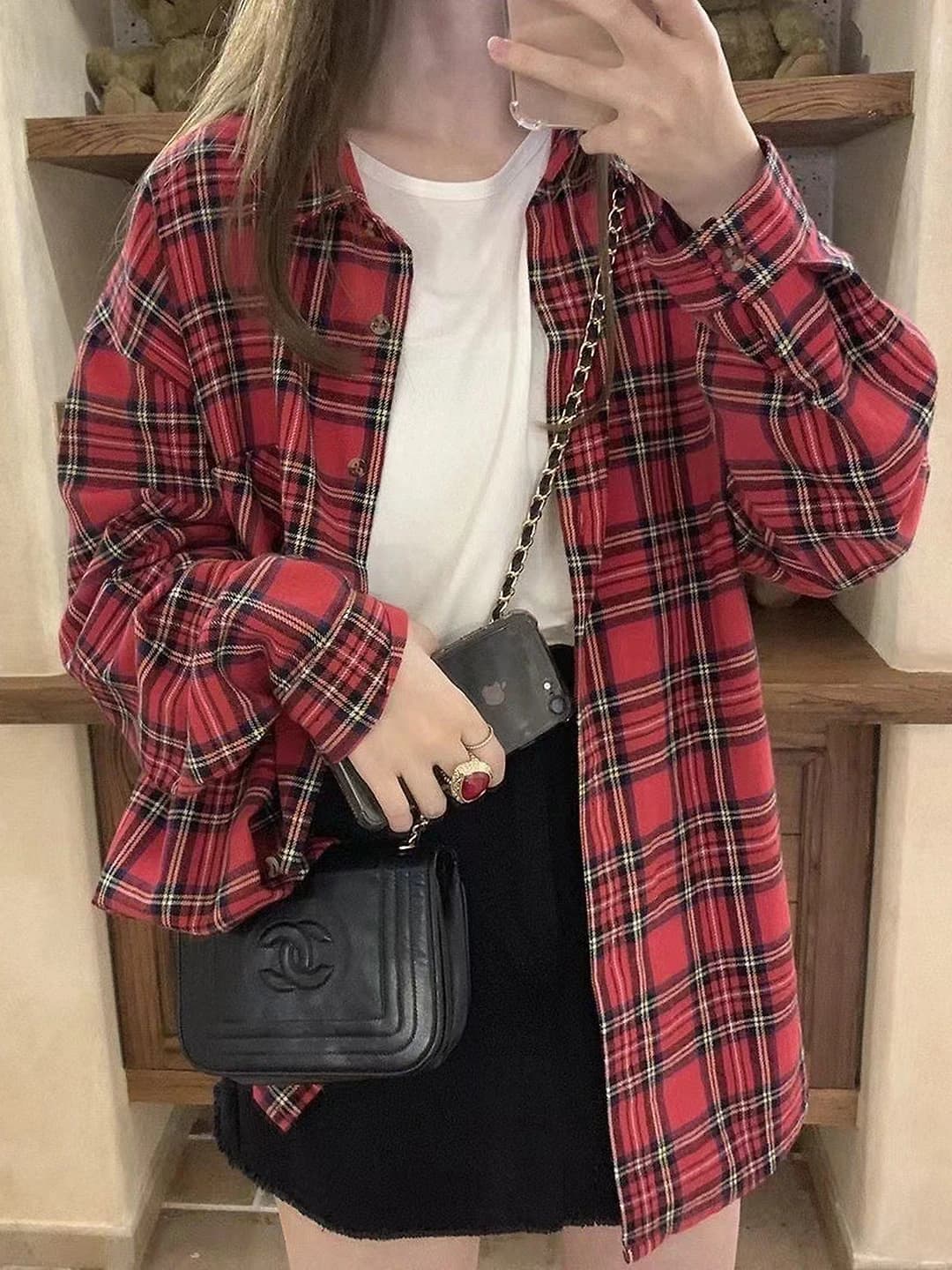 Ayollar uchun katak naqshli uzun yengli bo'sh (oversize) ko'ylak-shirt, POLO yoqali, kundalik retro uslub