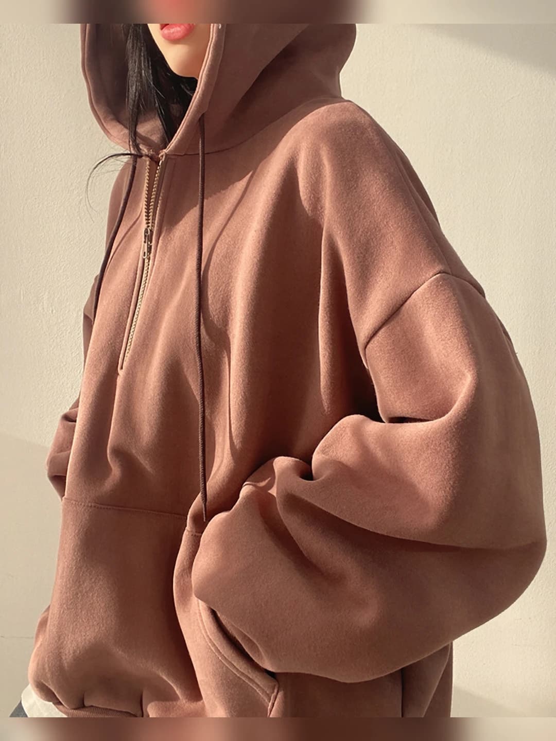 Women's zip-front hoodie, fleece-lined, loose fit, long sleeve, Korean style, spring-autumn