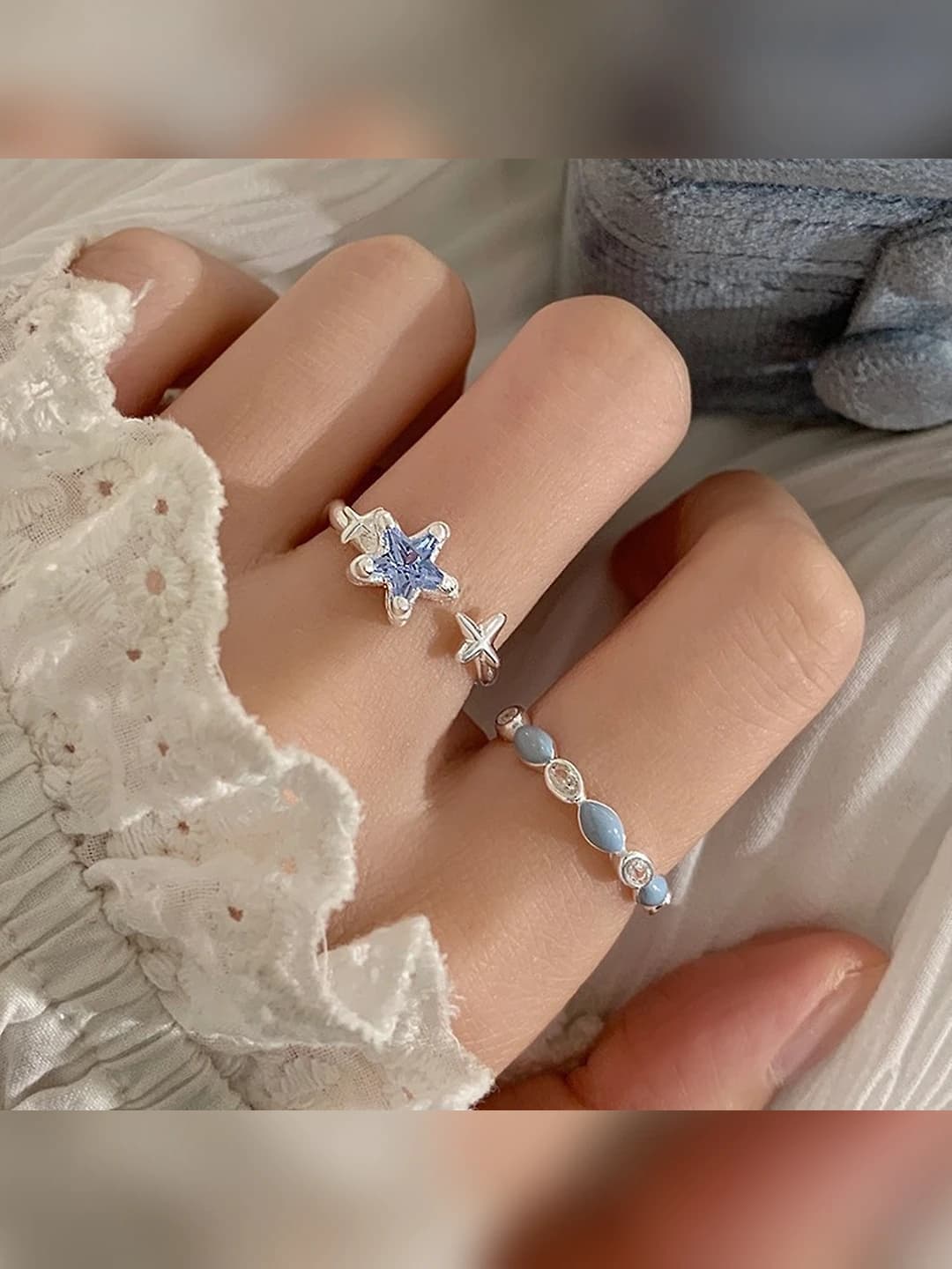 Ayollar uchun ochiq halqali zirkonli yulduzli halqa, okean ko'k rangli, geometrik dizayn elementi, ins uslubidagi moda halqa